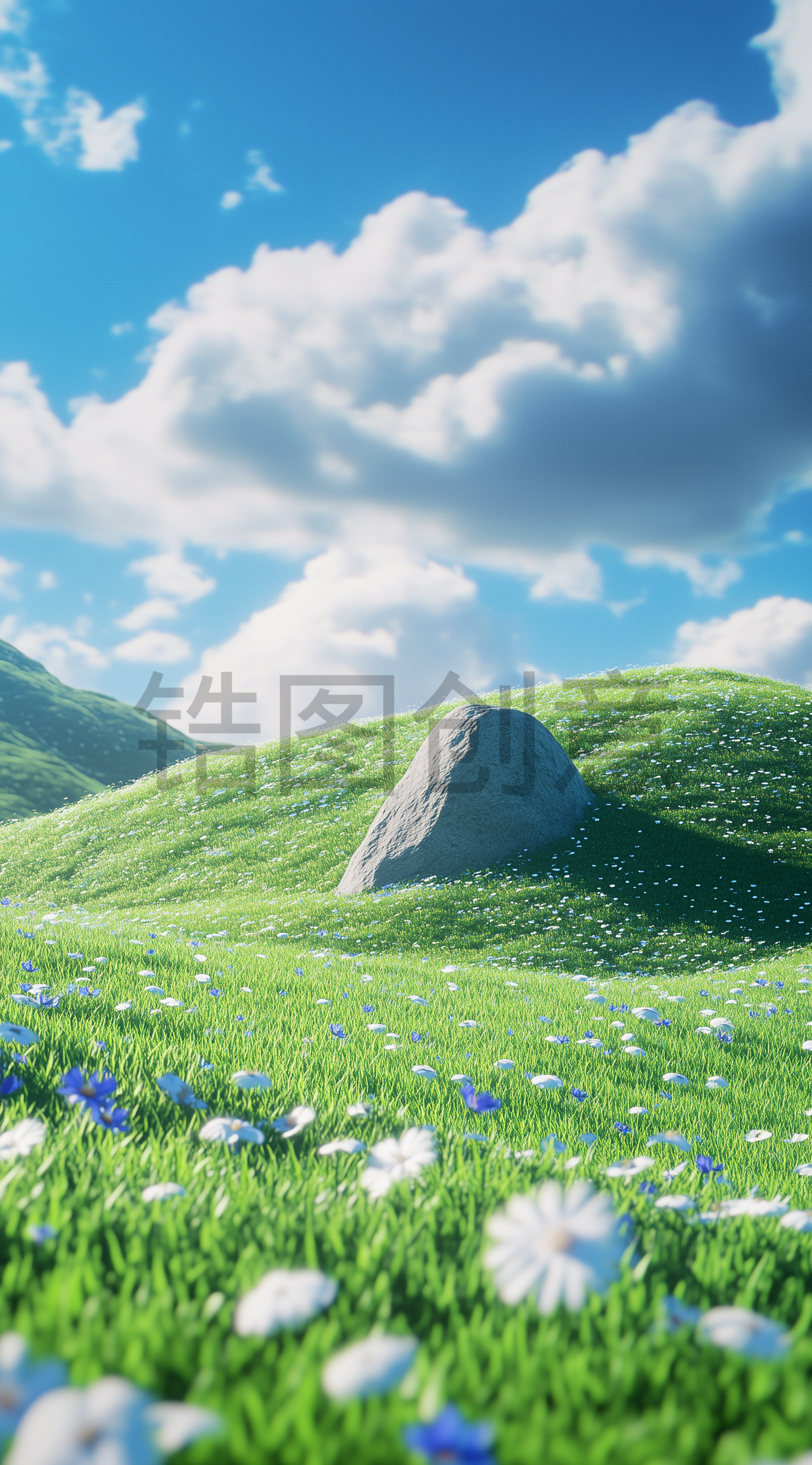 定设网-绿色草地与蓝天三维3d渲染背景