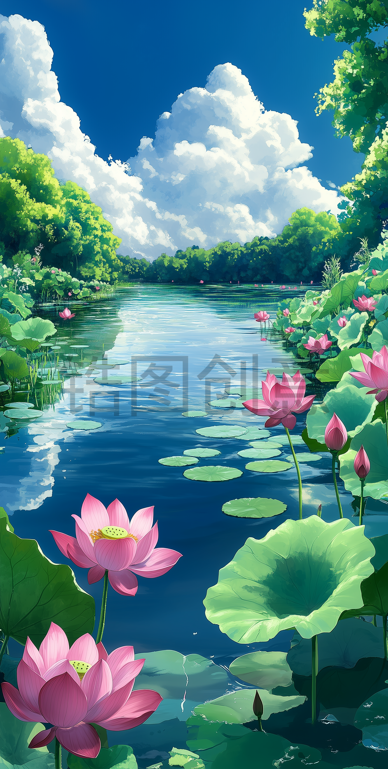 定设网-夏天池塘里水中荷花绿叶开放画面背景
