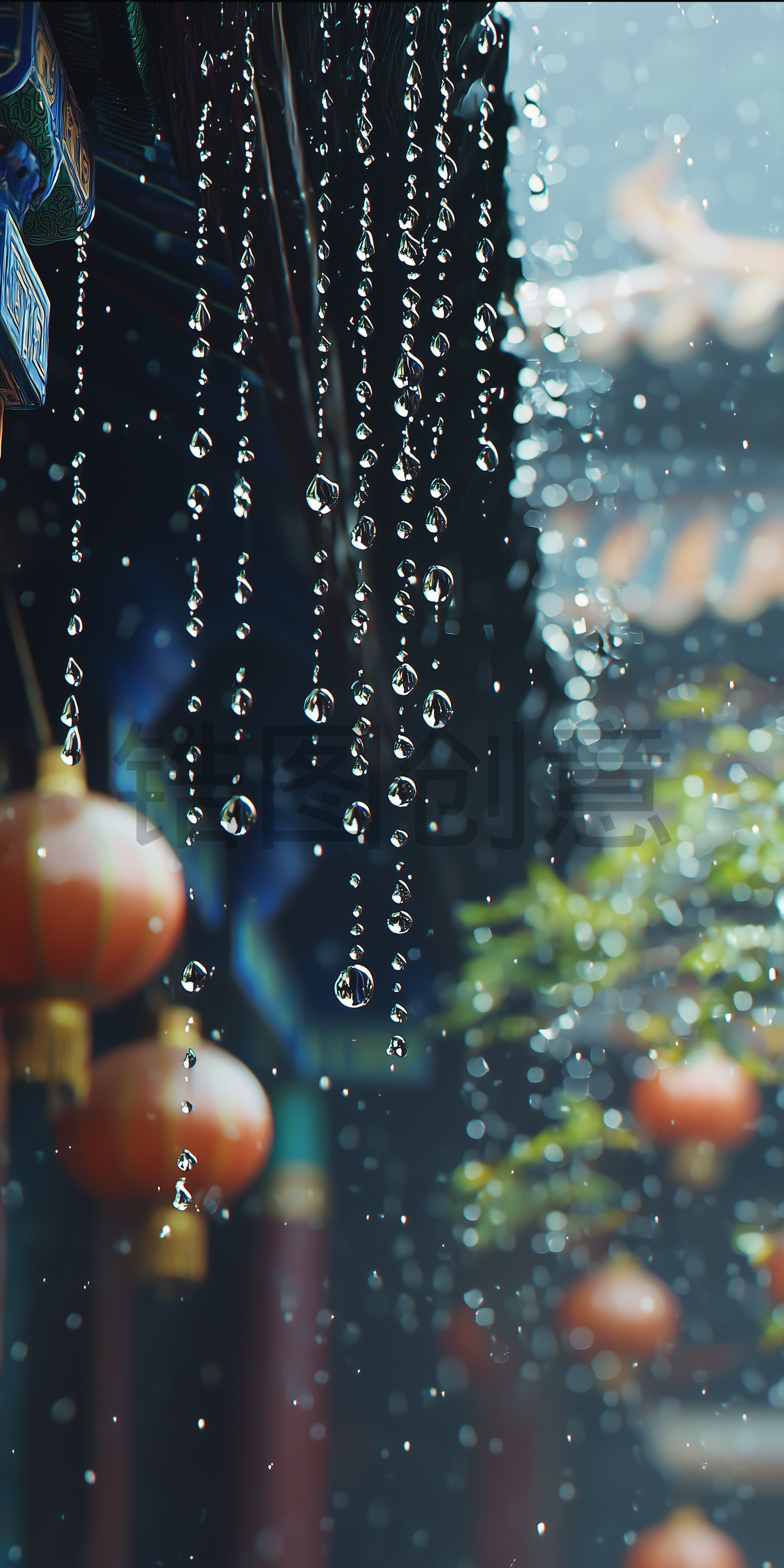 定设网-中国古建筑风下雨天雨水滴落写实特写