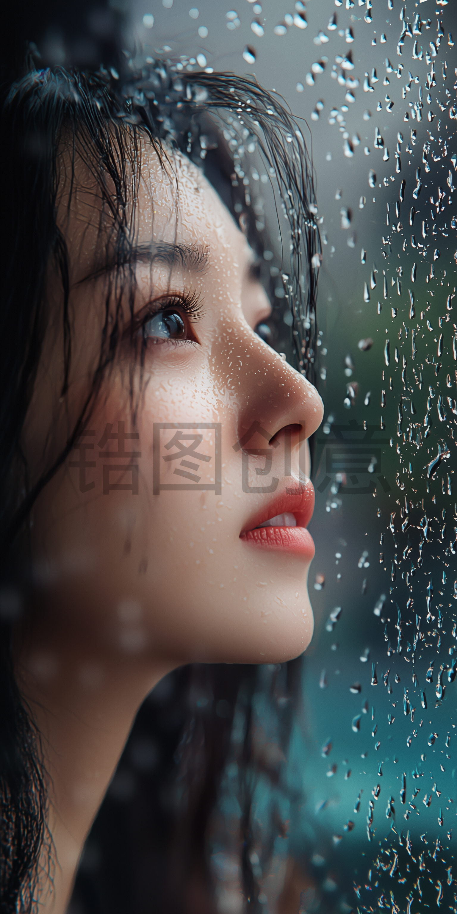 定设网-下雨天女性在望着玻璃外面的场景写实特写