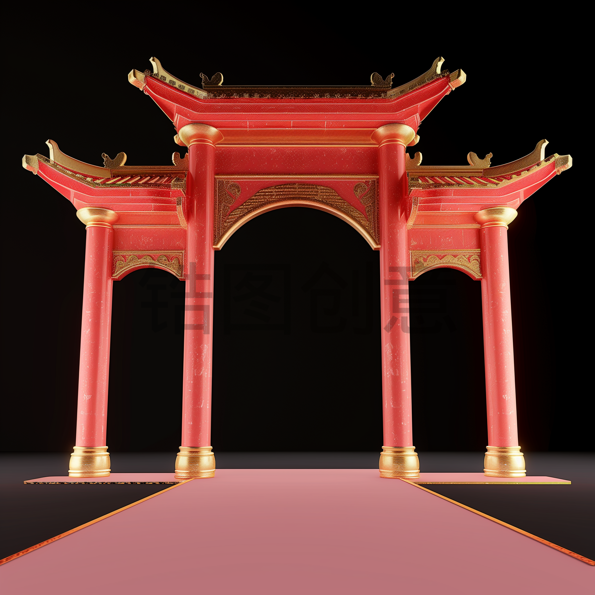 定设网-3D红色中国拱门的渲染元素