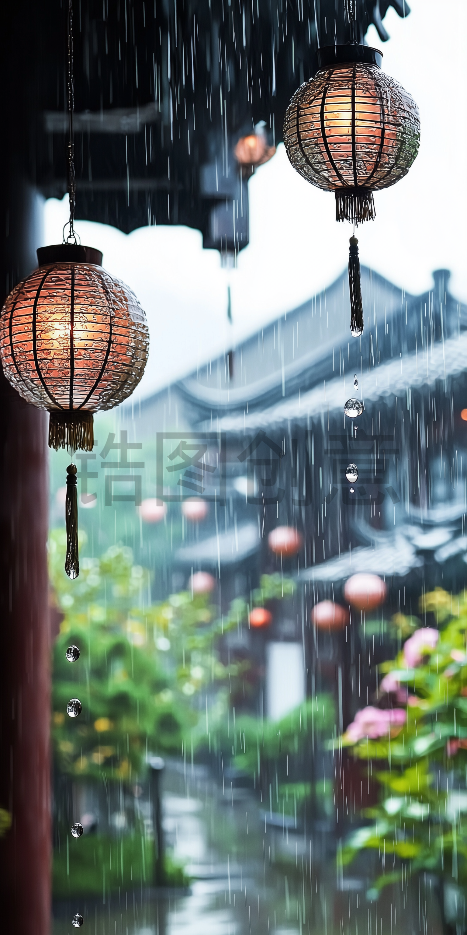 定设网-下雨天中国建筑屋檐下雨滴写实风景