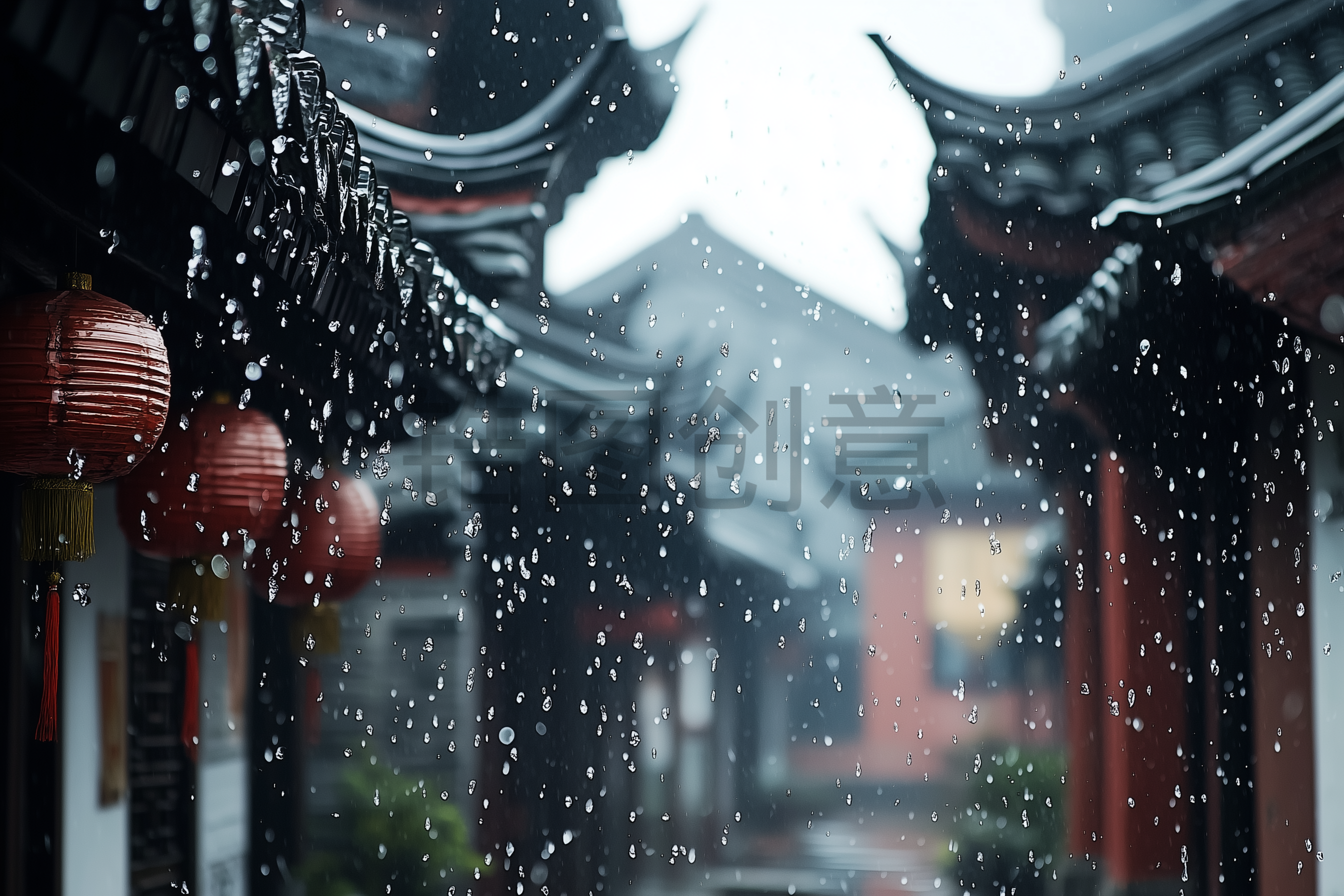 定设网-中国古建筑风下雨天雨水滴落写实风景