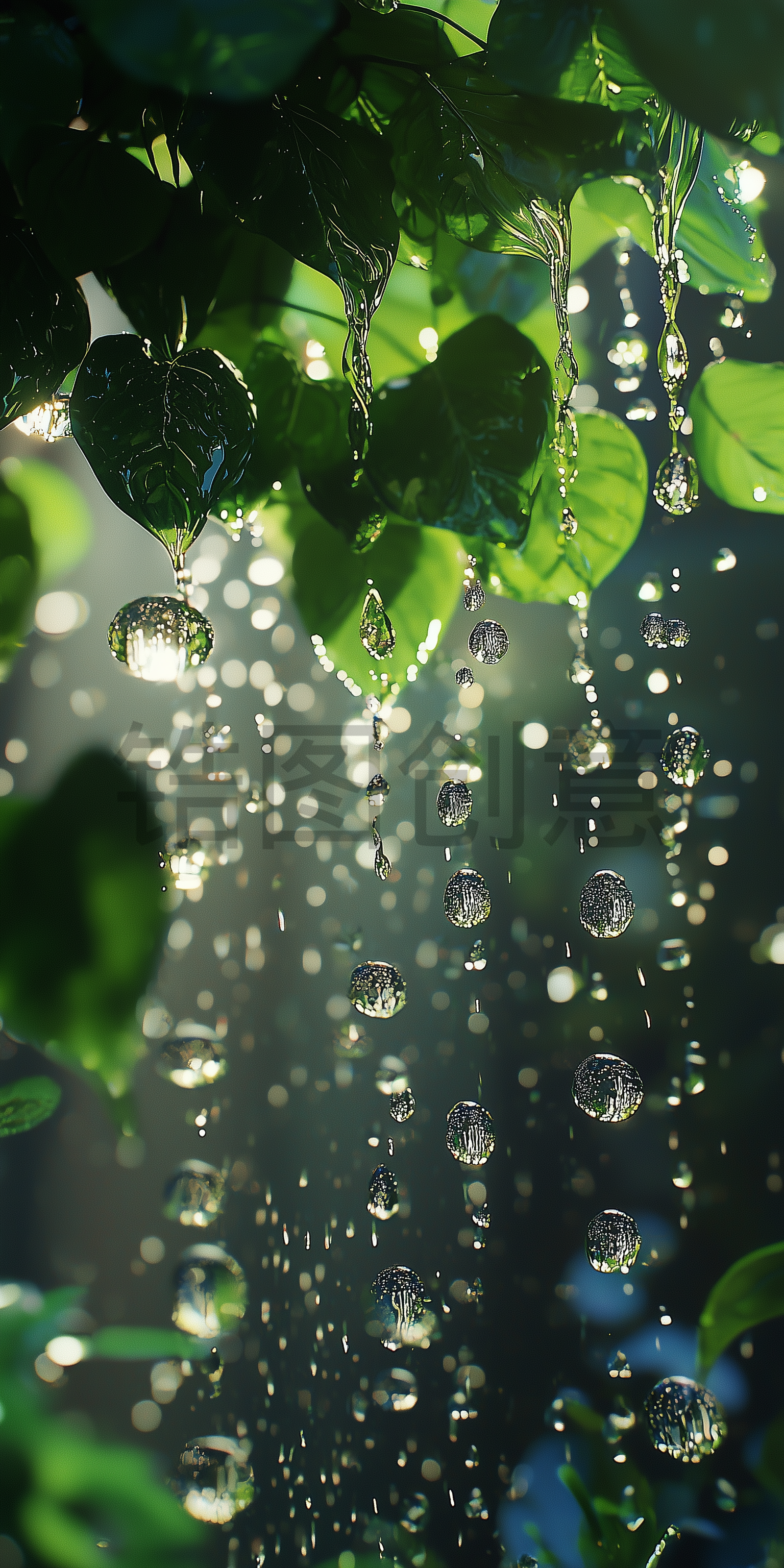 定设网-下雨天绿植树下雨滴下雨写实风景