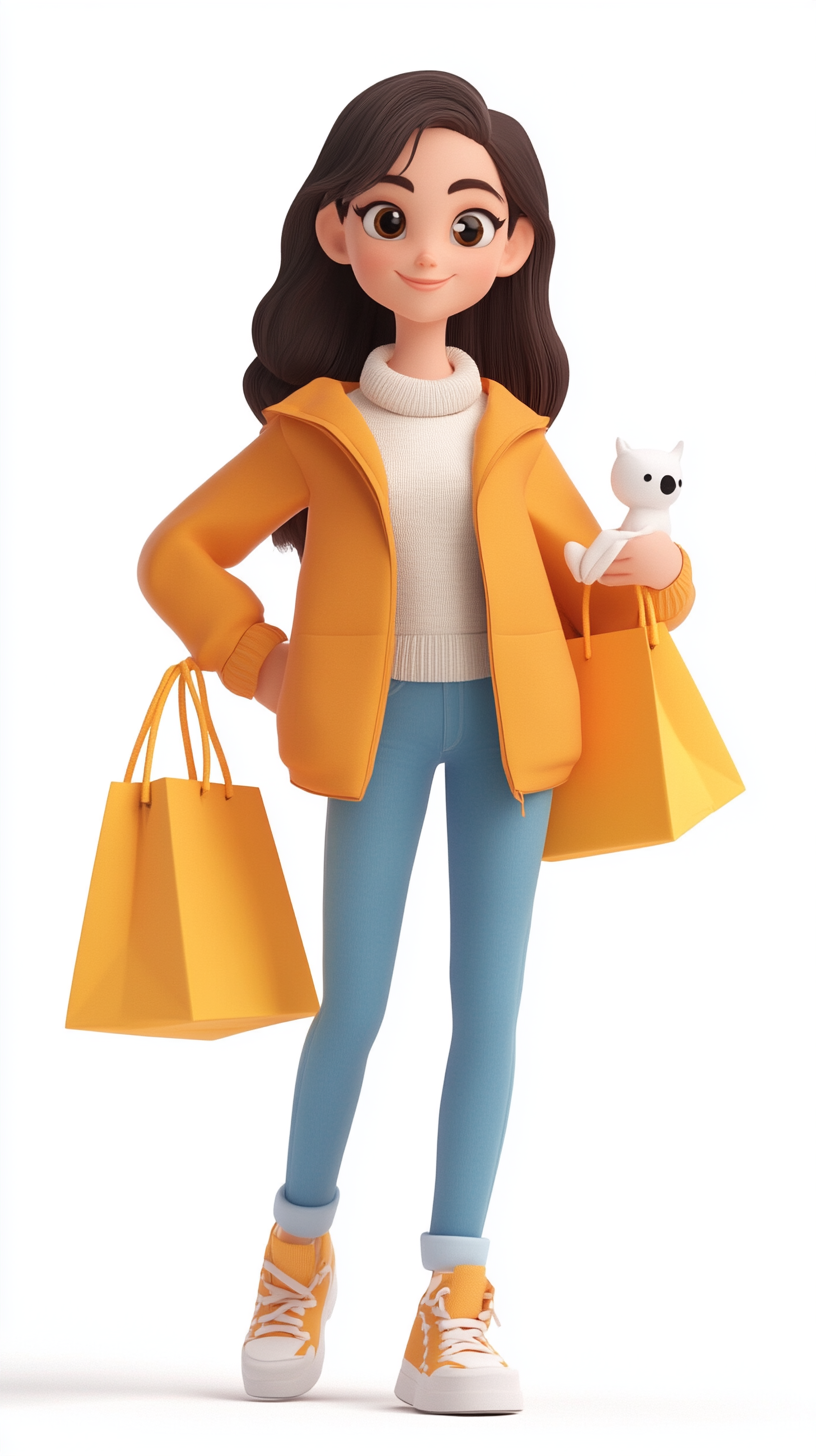 定设网- 3d卡通女生人物女性购物袋购物人物元素