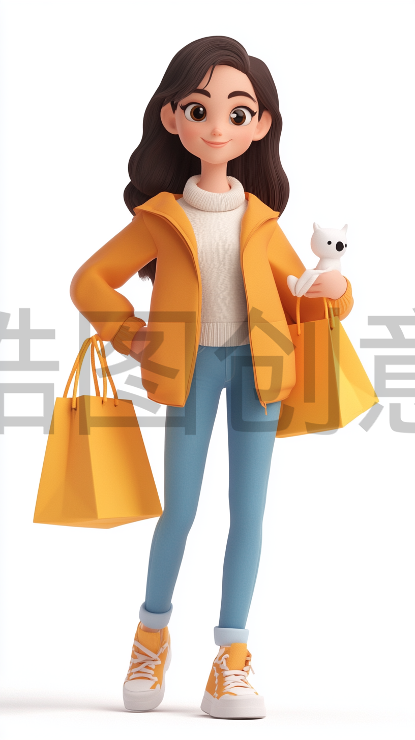 定设网- 3d卡通女生人物女性购物袋购物人物元素