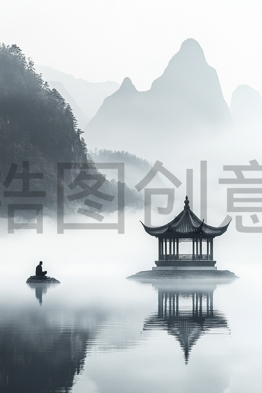 定设网-数字艺术中国风黑白山水水墨意境背景素材