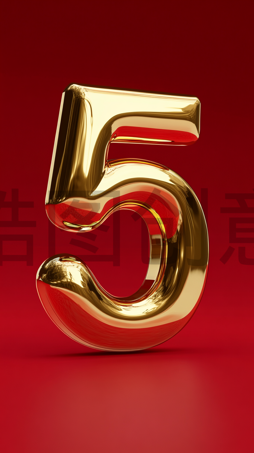 定设网-红色背景3d立体金色金属数字5元素
