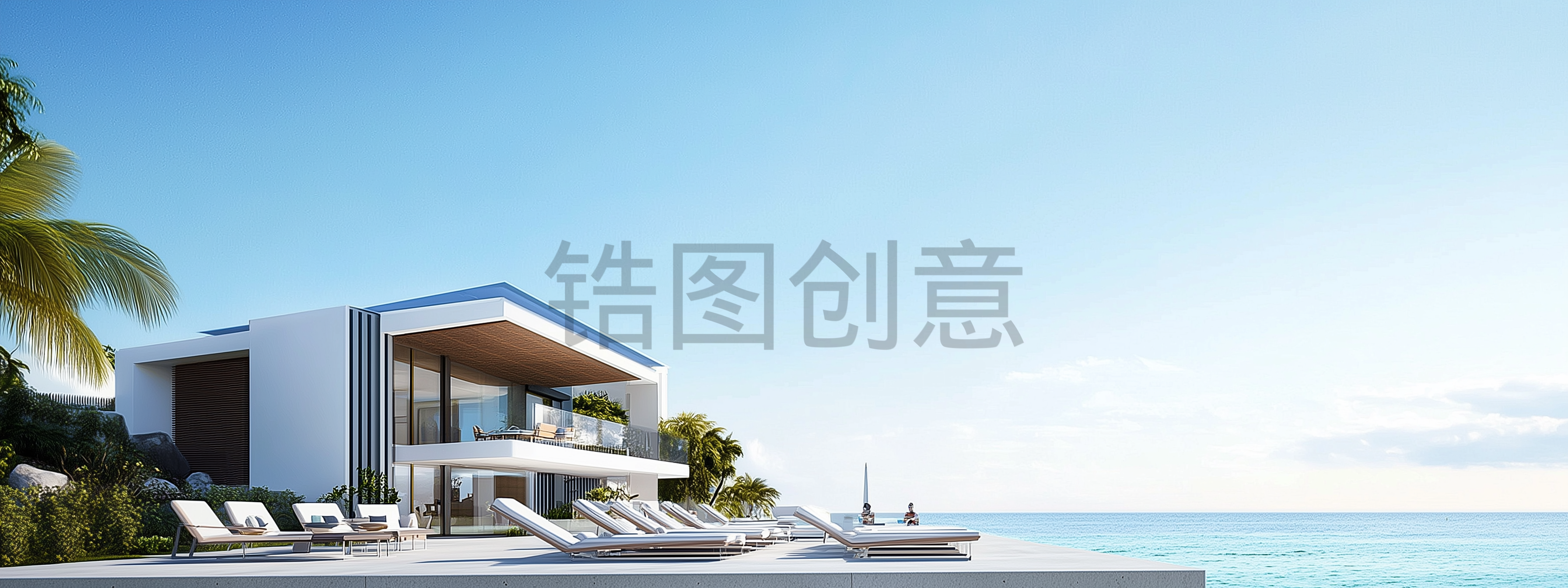 定设网-数字艺术带白色墙壁和蓝色屋子的现代风格海边别墅