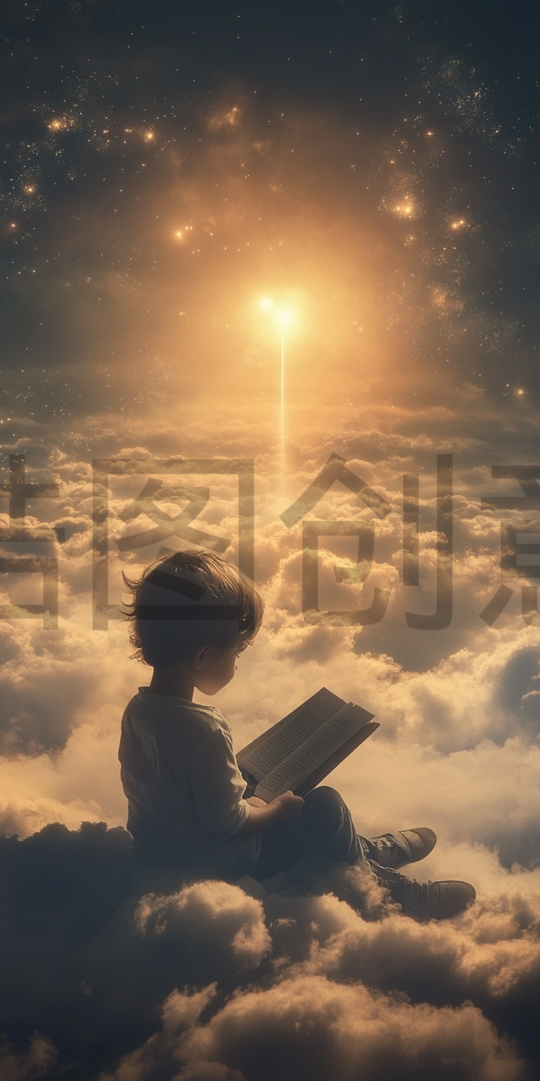 定设网-六一儿童节创意孩子少年在云层中愉快地阅读指书籍背景