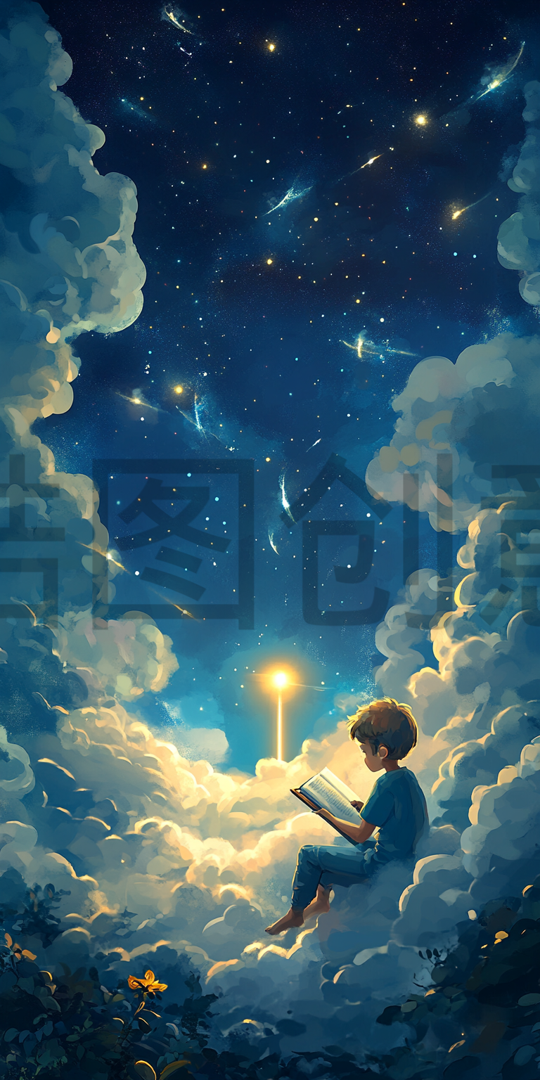 定设网-六一儿童节创意孩子少年在云层中阅读指书籍插画背景