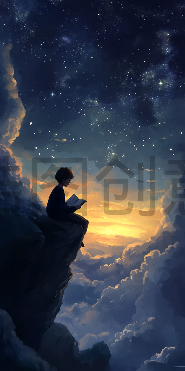 定设网-六一儿童节创意孩子少年在天空 愉快地阅读指书籍背景素材