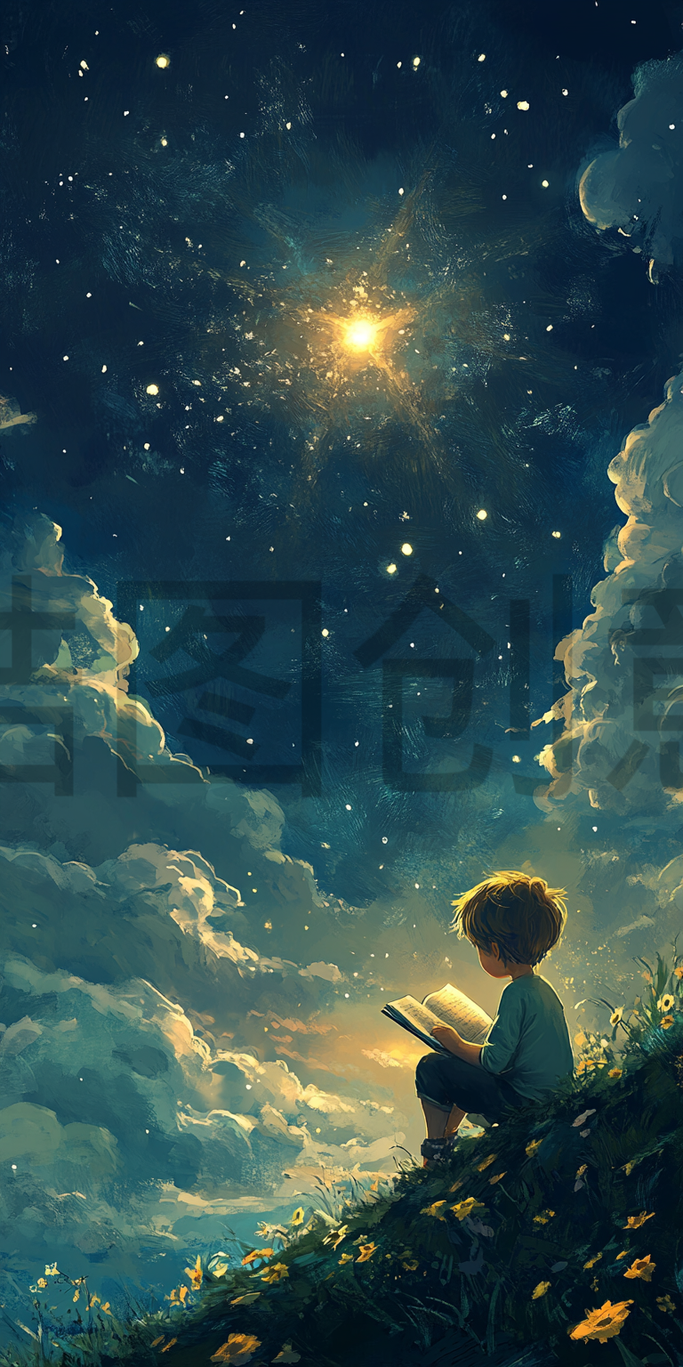 定设网-六一儿童节创意孩子少年星空下阅读指书籍插画背景素材