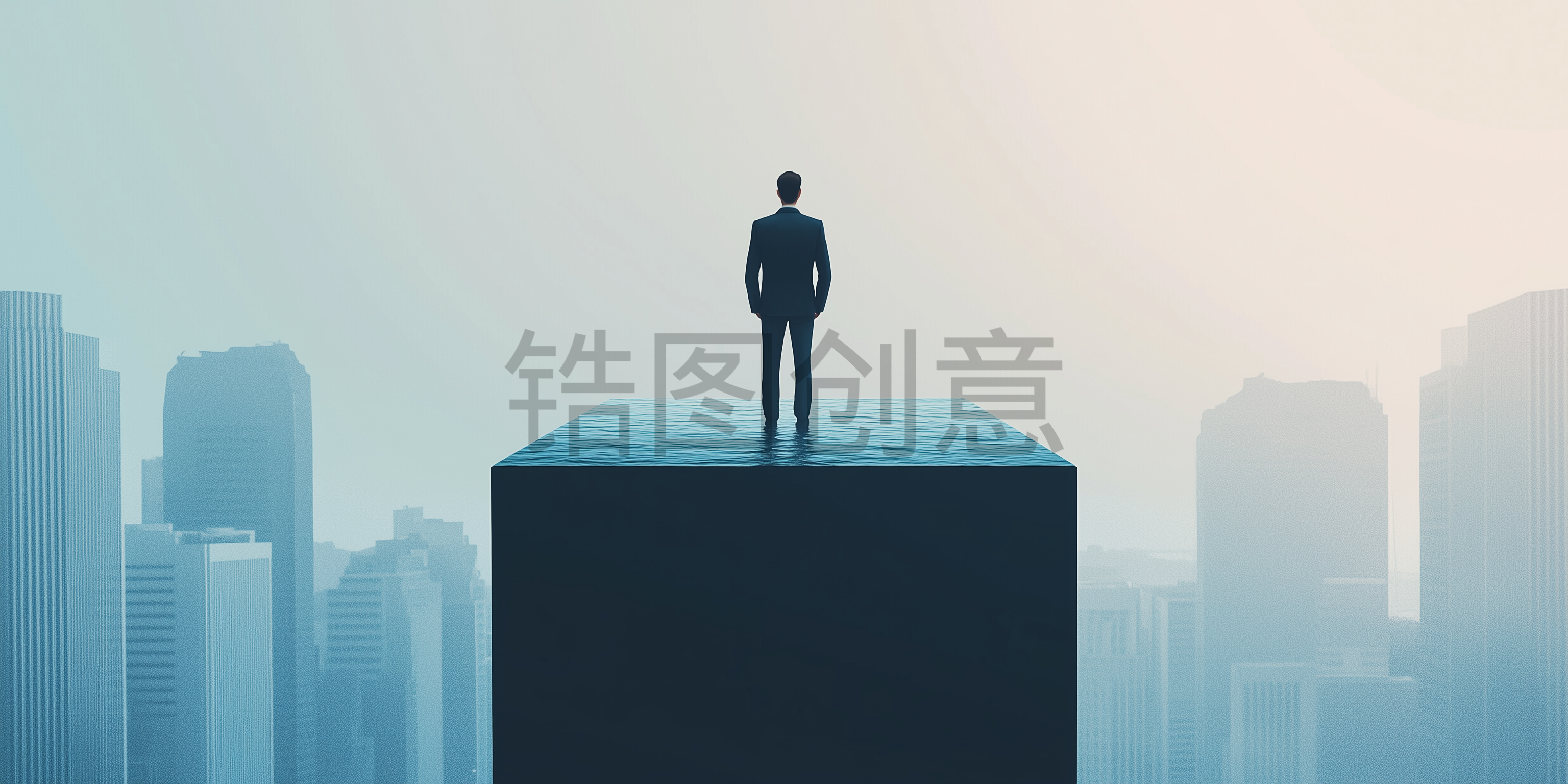 设网-数字艺术商务男士站在巨大矩形台面俯瞰城市创意商务办公背景素材_copy