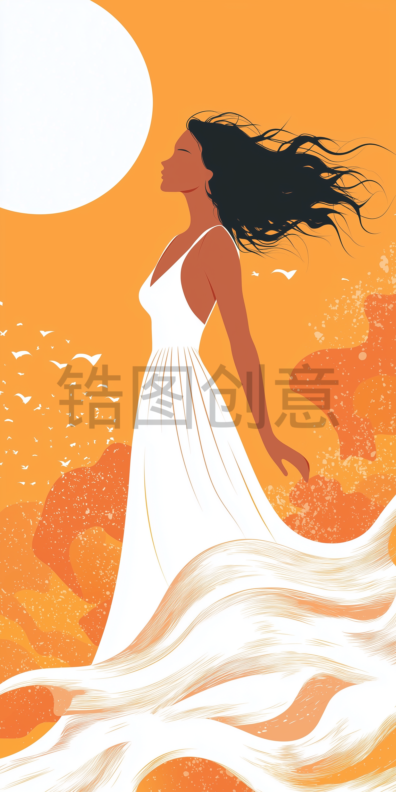定设网-长裙女生侧脸女神节母亲节唯美意境卡通插画背景