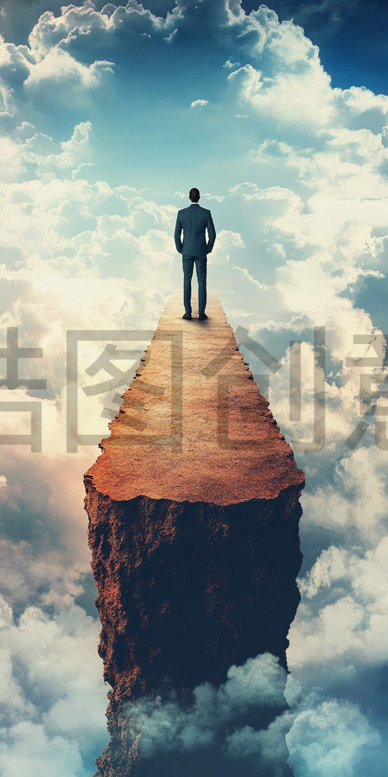 定设网-商人商务男士站在云层中间俯瞰前方背影创意商务办公背景素材