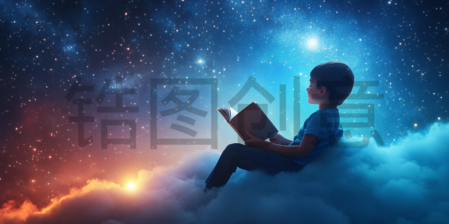 定设网-六一儿童节创意孩子少年在云层中愉快地阅读指书籍背景