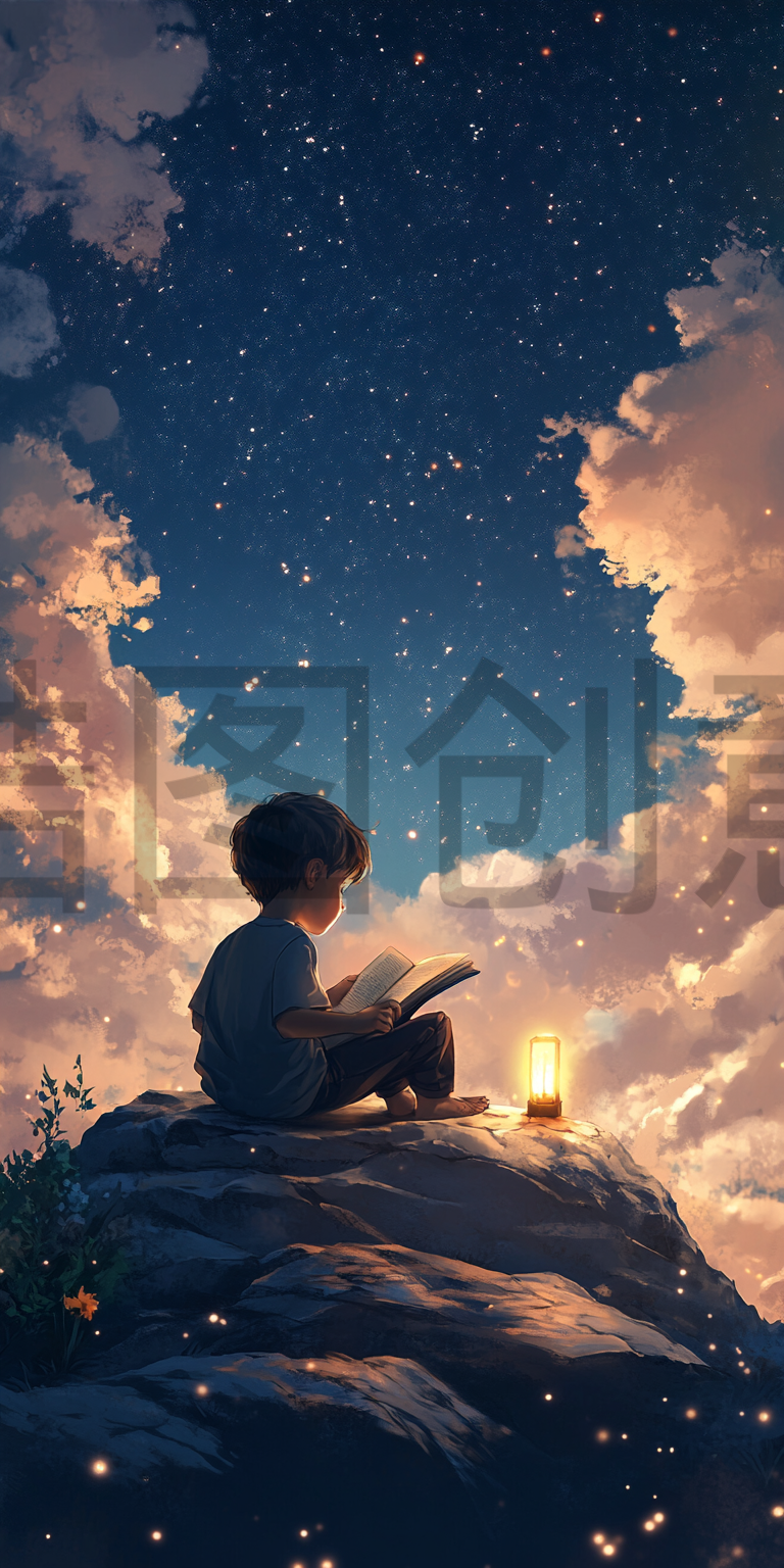 定设网-六一儿童节创意孩子在天 愉快地阅读指书籍背景素材