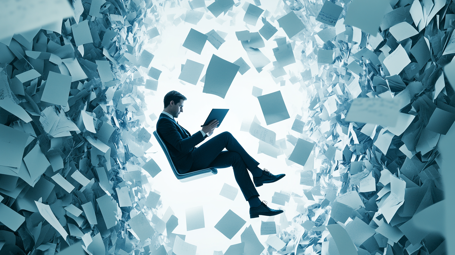 定设网-商务男士周围铺满纸张文件文档资料空间中办公创意背景