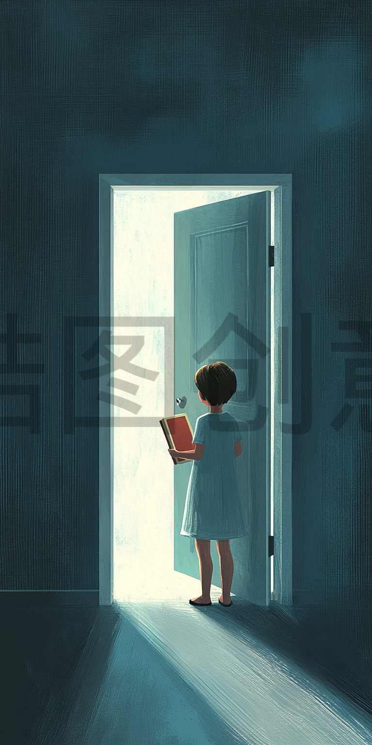 定设网-光线从门前打过来照在拿书的少年身上儿童节创意背景