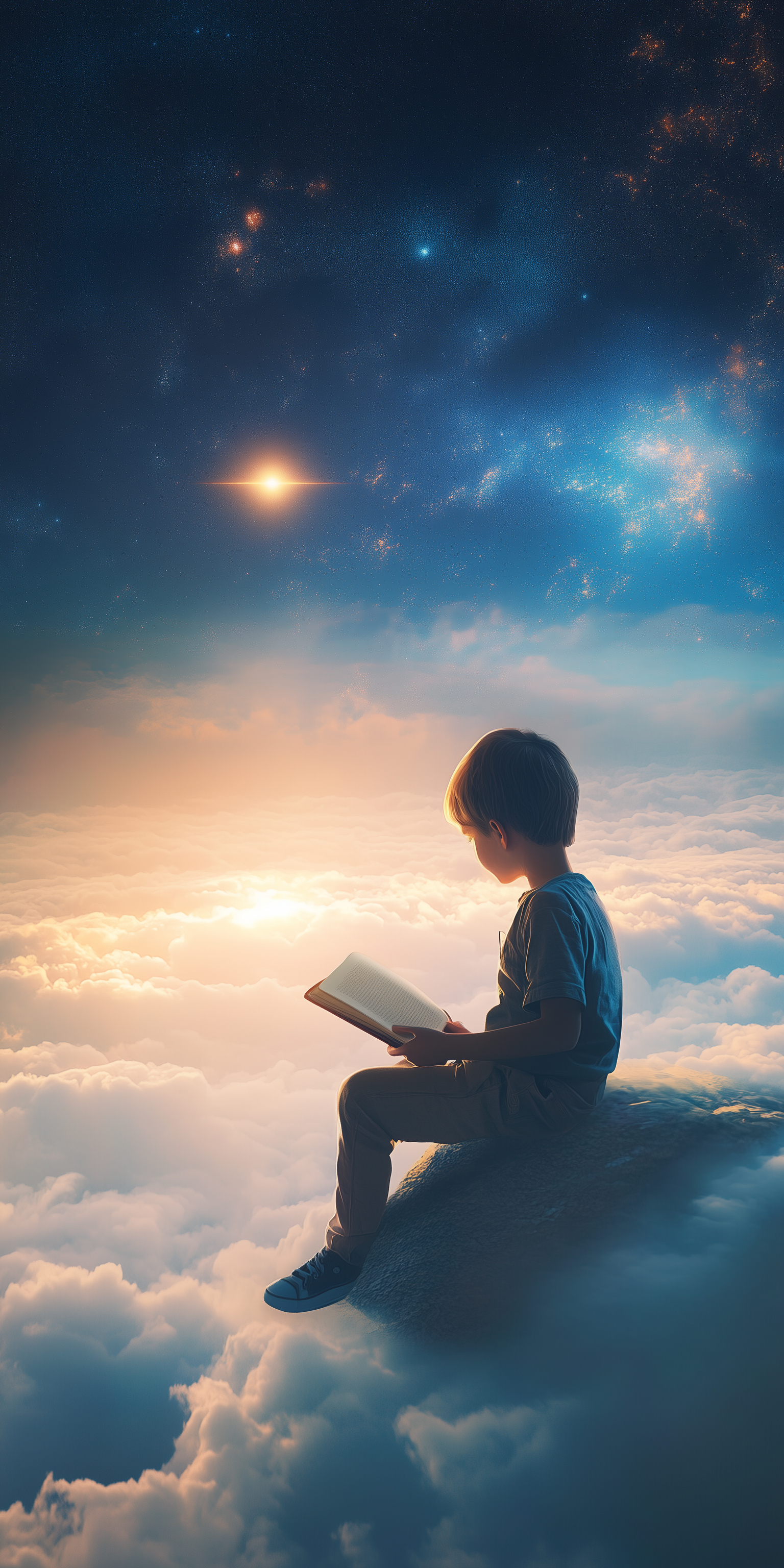 定设网-六一儿童节创意孩子少年在云层中愉快地阅读指书籍背景素材