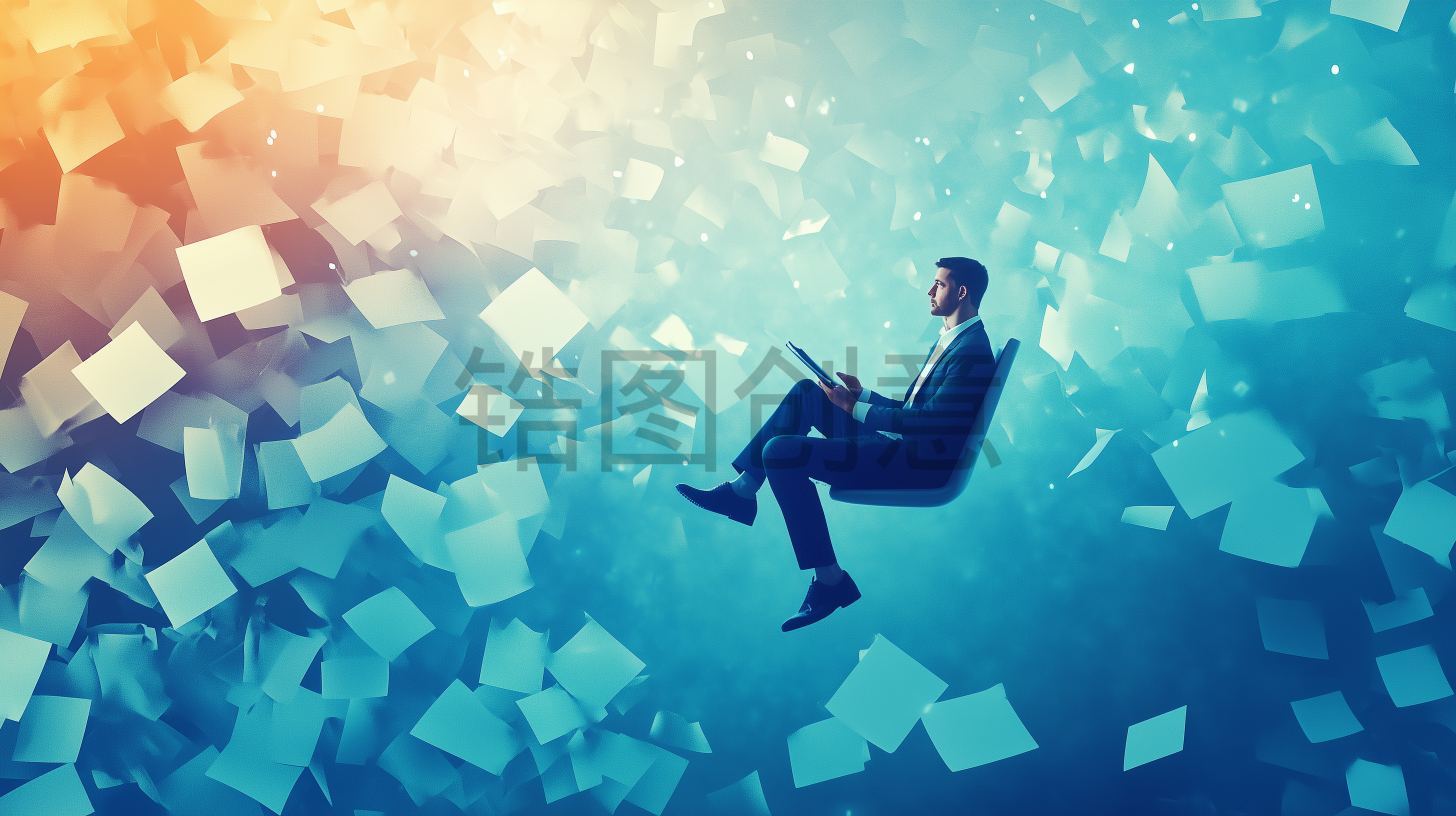 定设网-商务男士周围铺满纸张文件文档资料空间中办公创意背景_copy