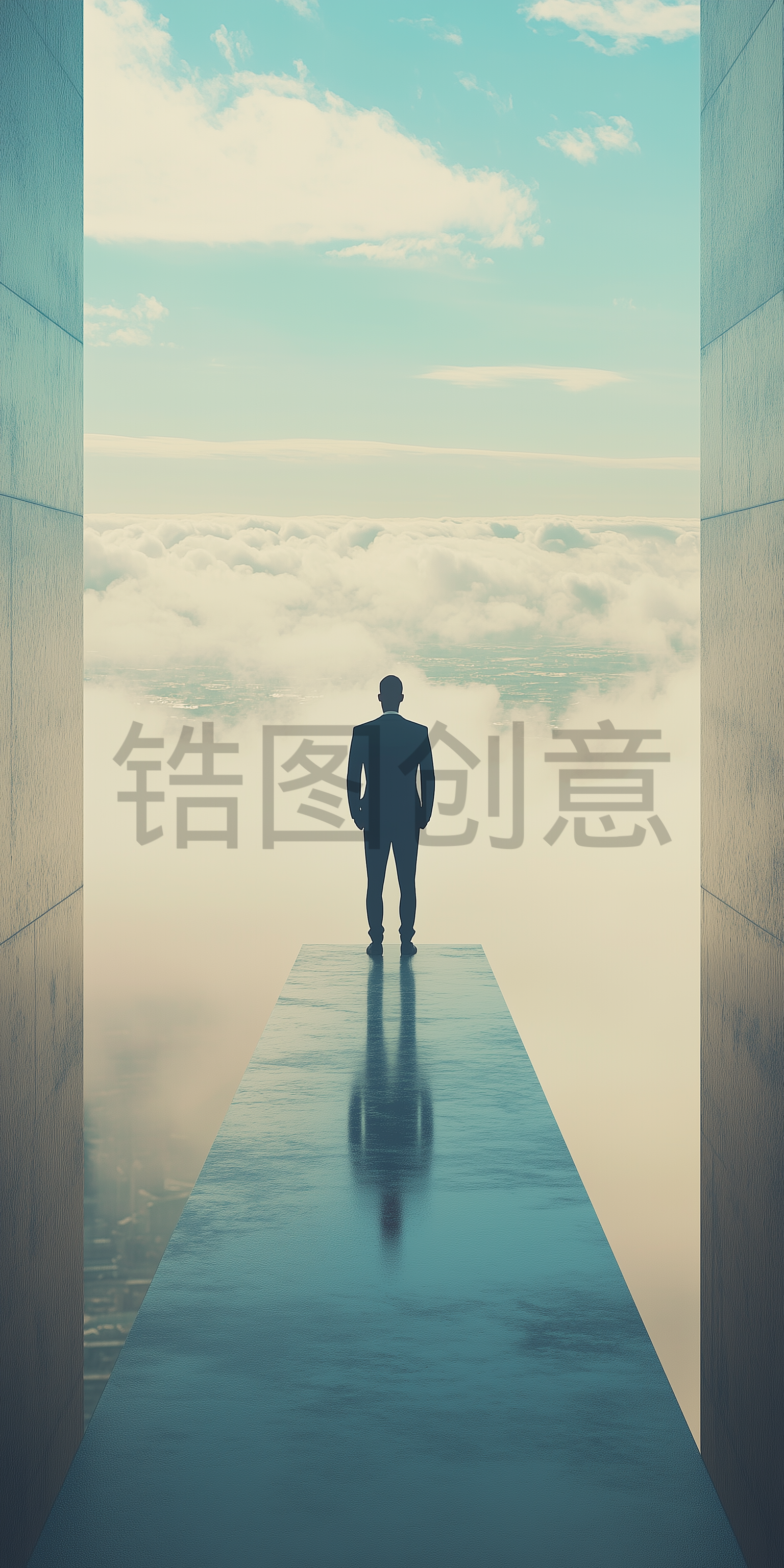 定设网-商人商务男士站在云层中间俯瞰前方背影创意商务办公背景素材