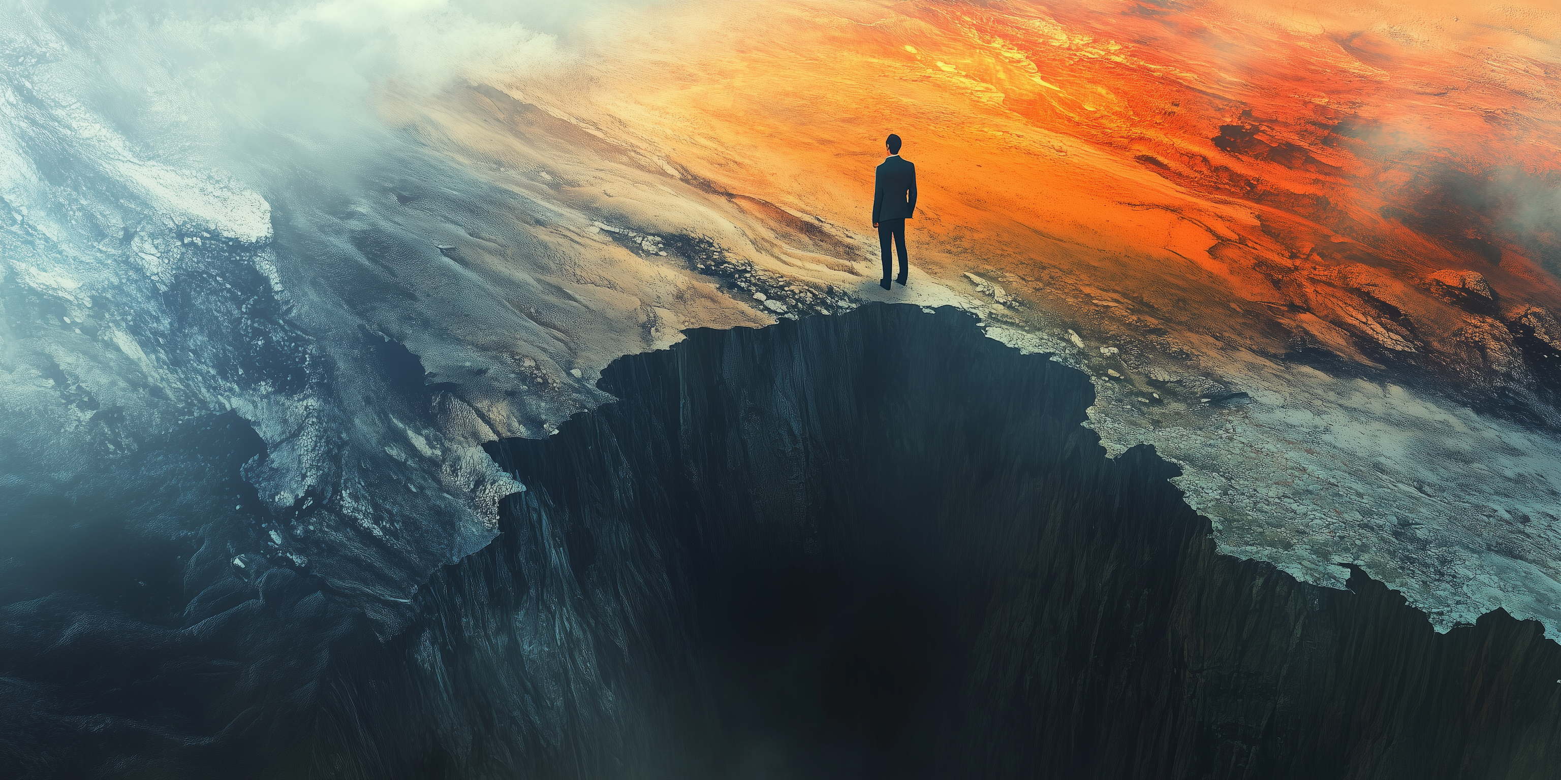 定设网-商务男士站在巨大悬崖边创意商务办公背景素材