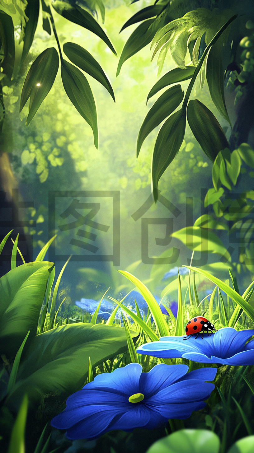定设网-惊垫七星瓢虫昆虫自然绿植插画场景背景