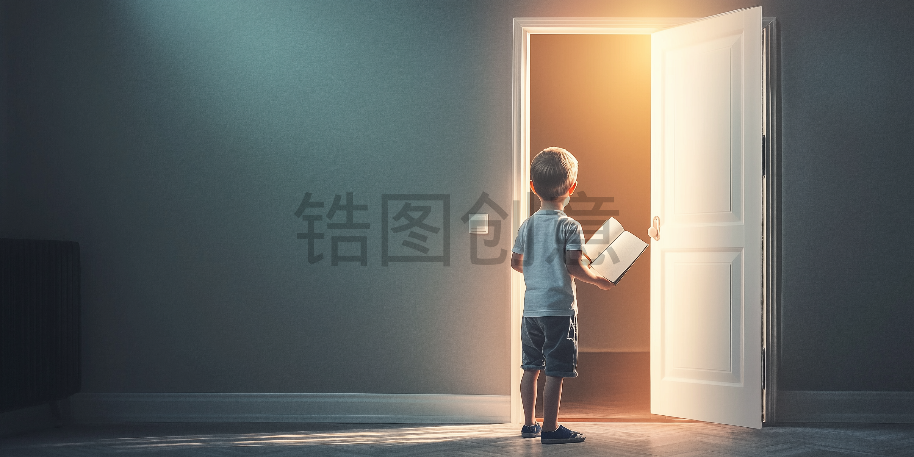 定设网-光线从门前打过来照在拿书的少年身上儿童节创意背景