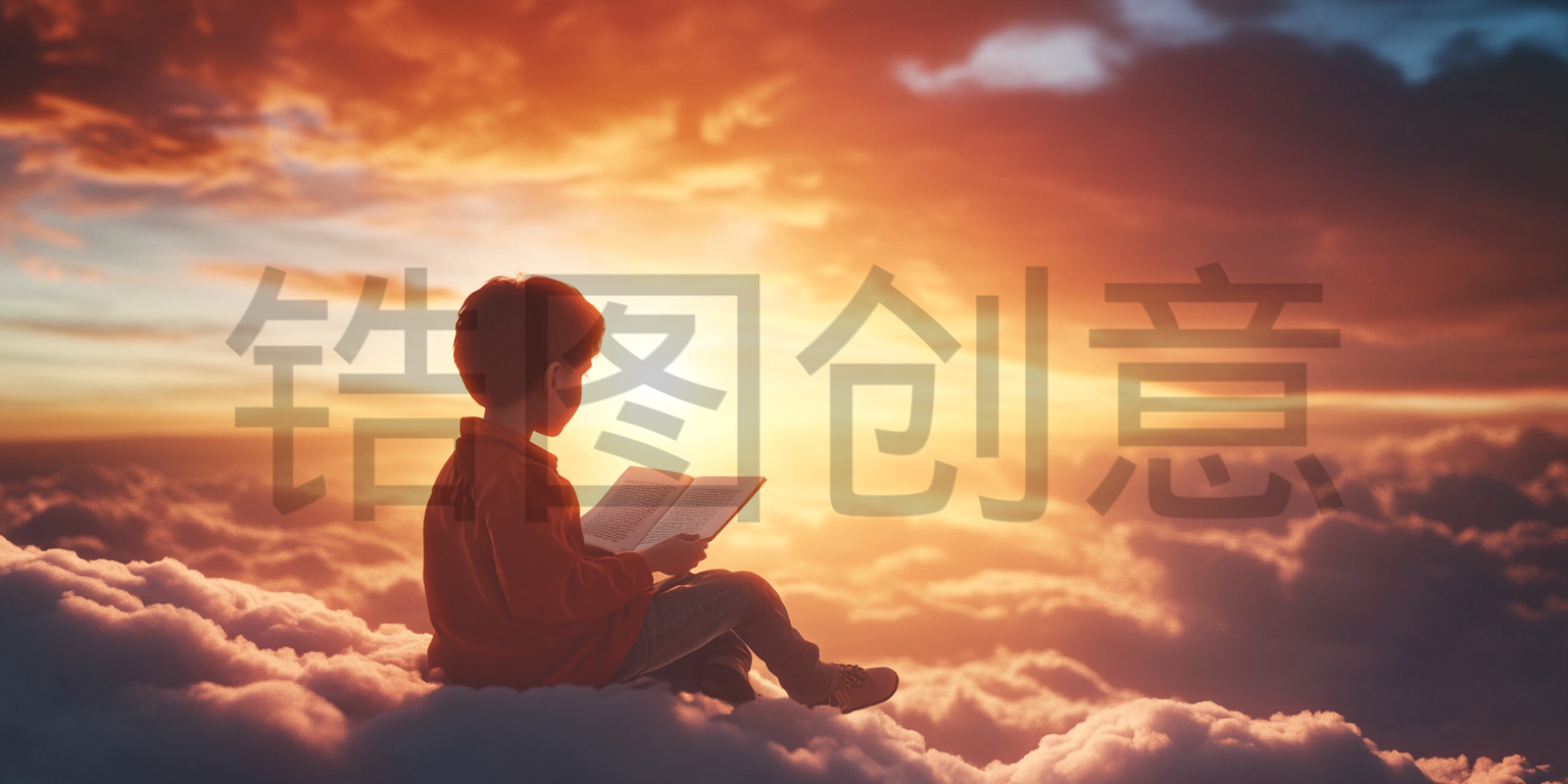 定设网-六一儿童节创意孩子少年在云层中愉快地阅读指书籍背景