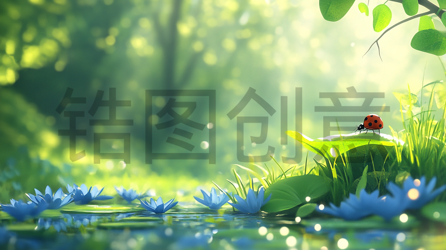 定设网-数字艺术惊垫七星瓢虫昆虫自然绿植插画写实场景背景