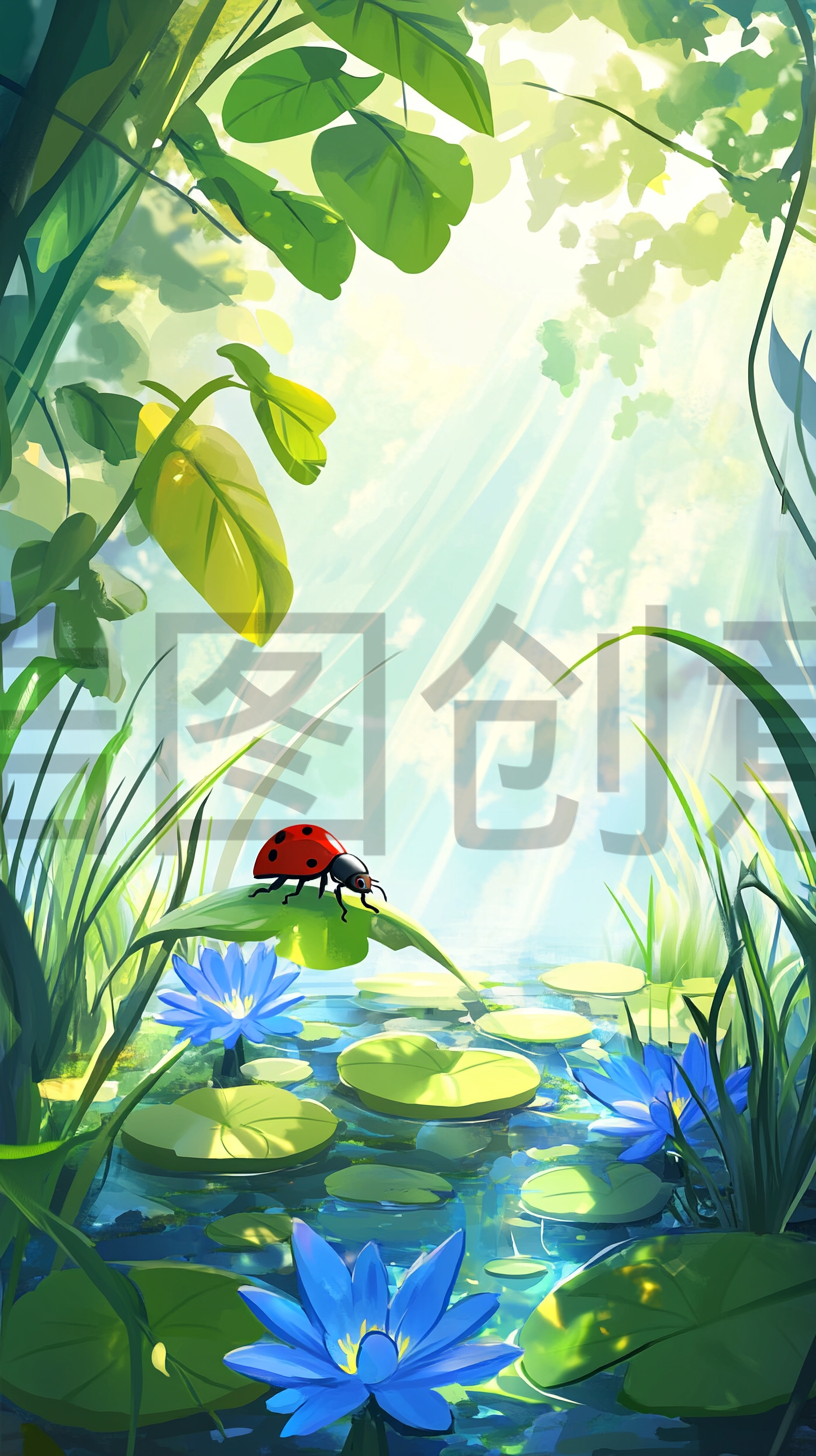 定设网-惊垫七星瓢虫昆虫自然绿植插画场景背景