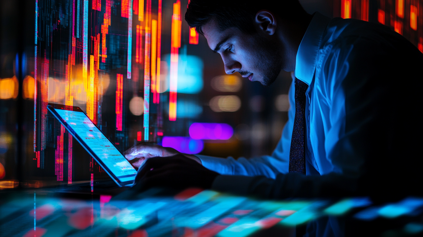 定设网-国外男人看数据科技风系列科技感数据曲线光线通用背景素材