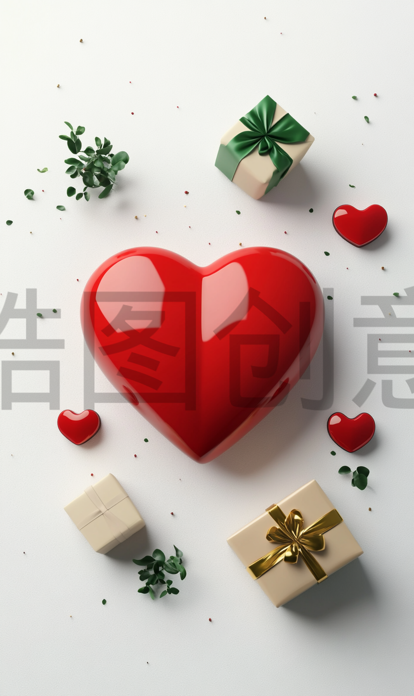 定设网-情人节俯视促销活动3d立体红色爱心礼物礼盒简约背景