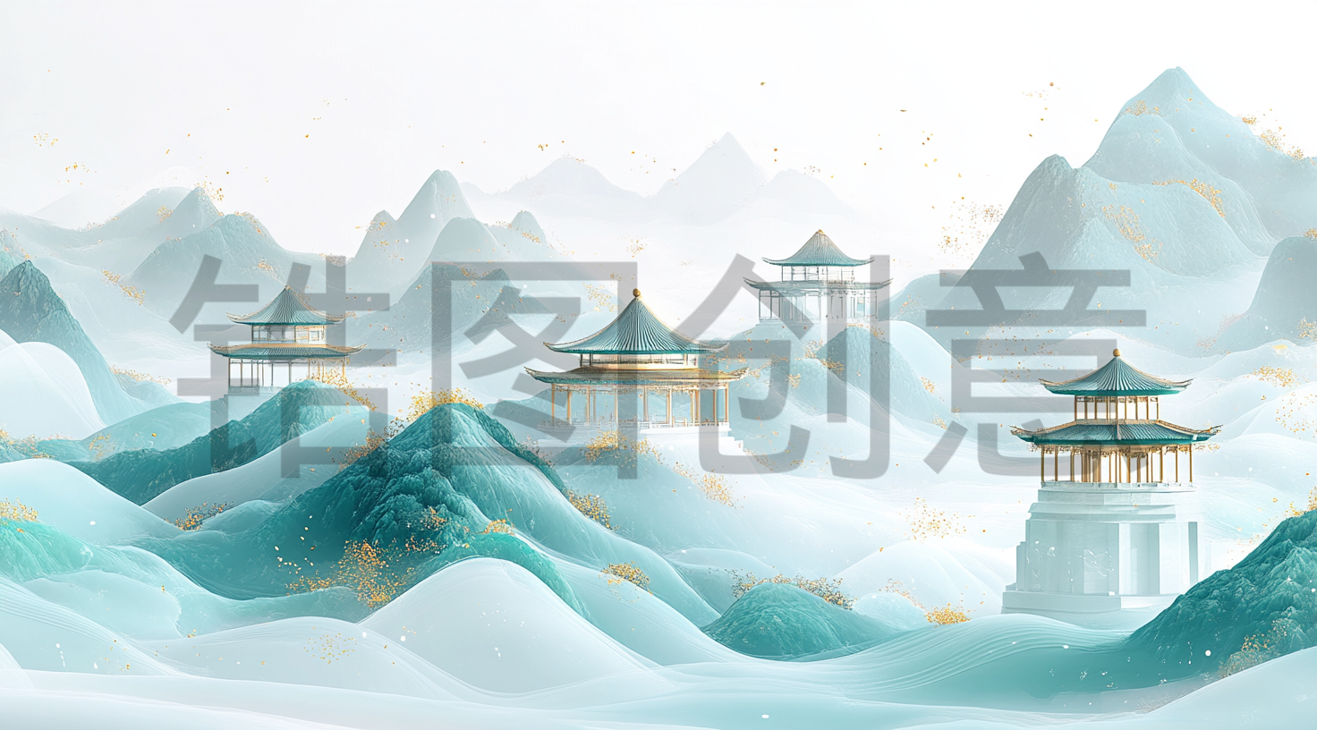 定设网-绿色3D中式山水背景素材
