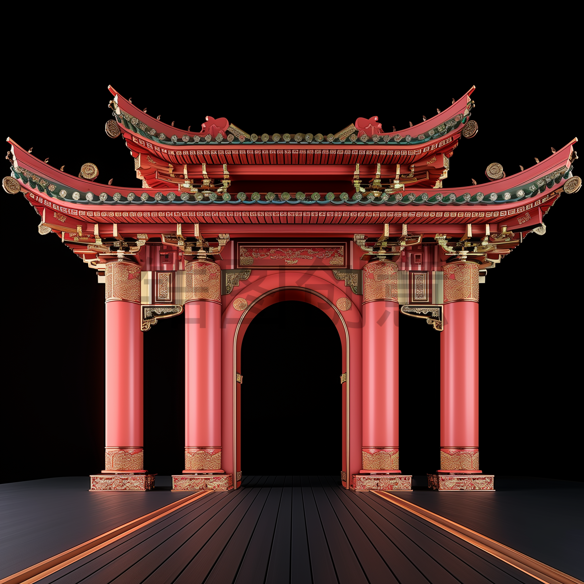 定设网-3D立体C4D元素中式中国风门建筑亭子元素
