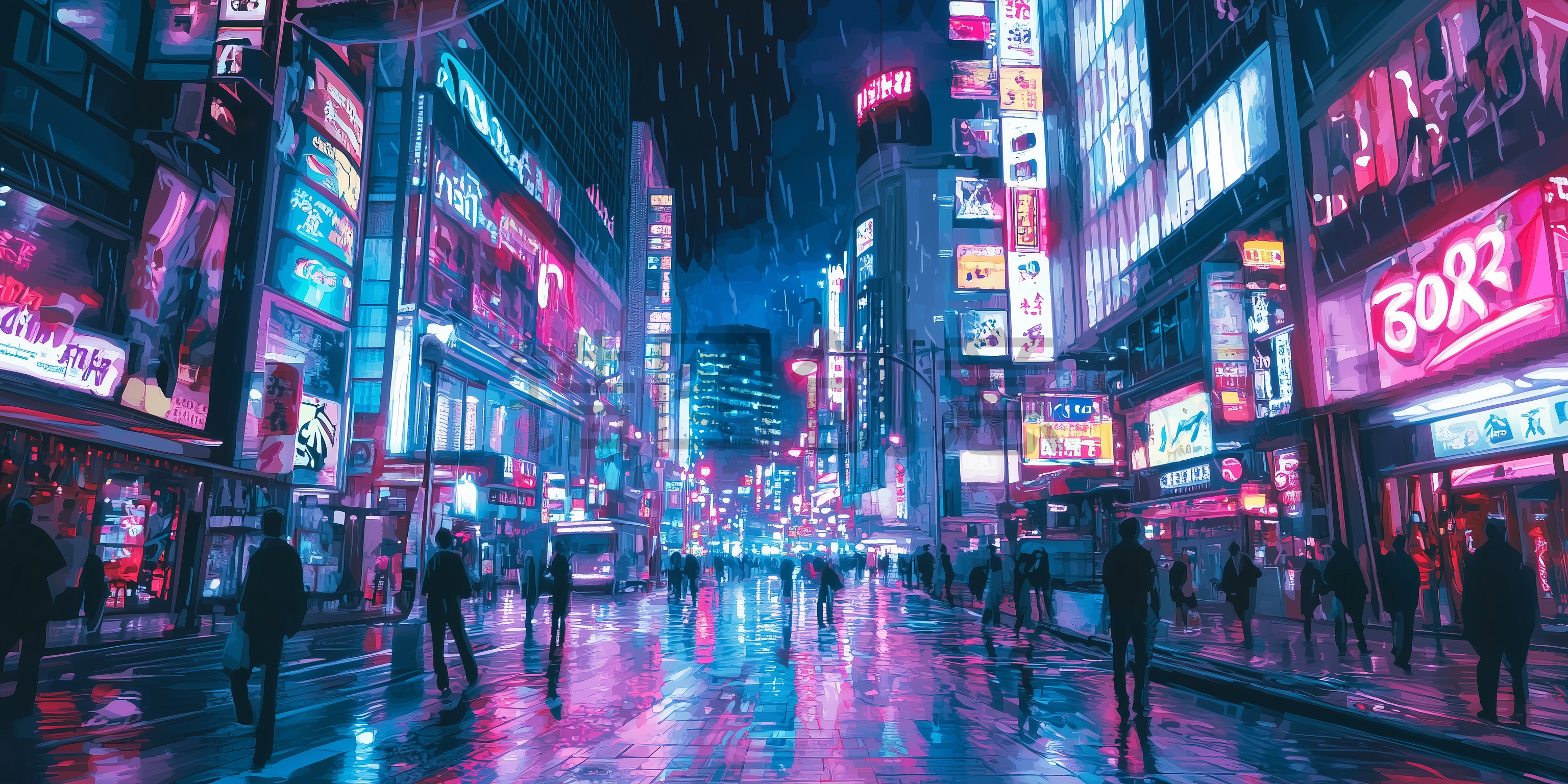 定设网-城市霓虹灯灯交通轨迹雨天街道反射缤纷色彩水彩背景