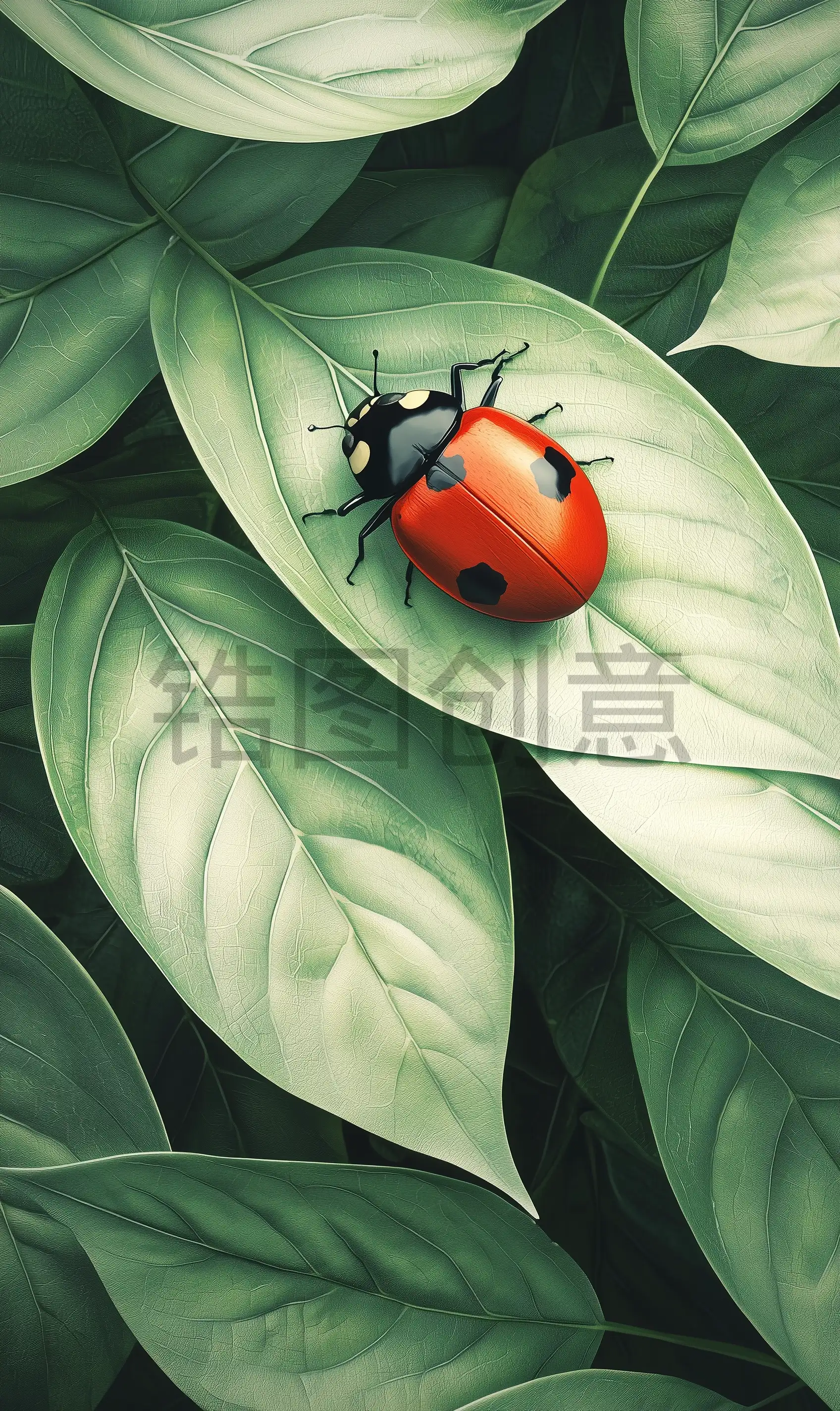 定设网-数字艺术惊蛰植物昆虫瓢虫在绿色植物组合背景