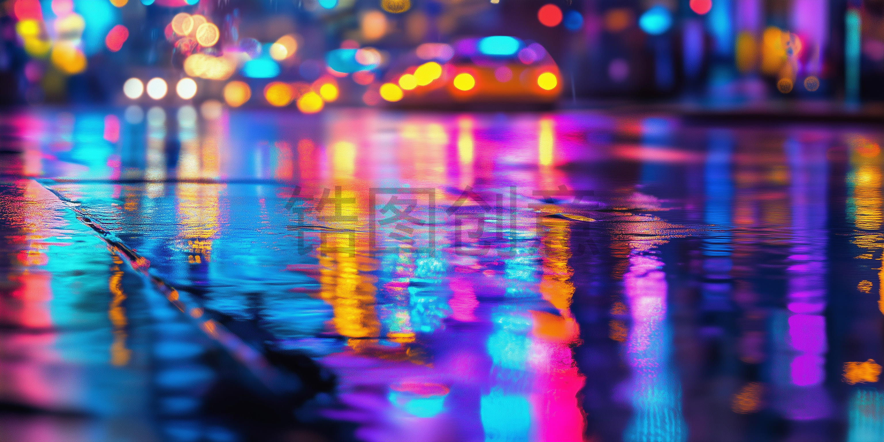 定设网-置虹灯交通轨迹雨天街道反射缤纷色彩背景