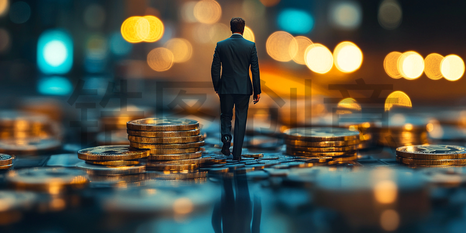定设网-成堆金币上的商人金融投资理财概念素材背景