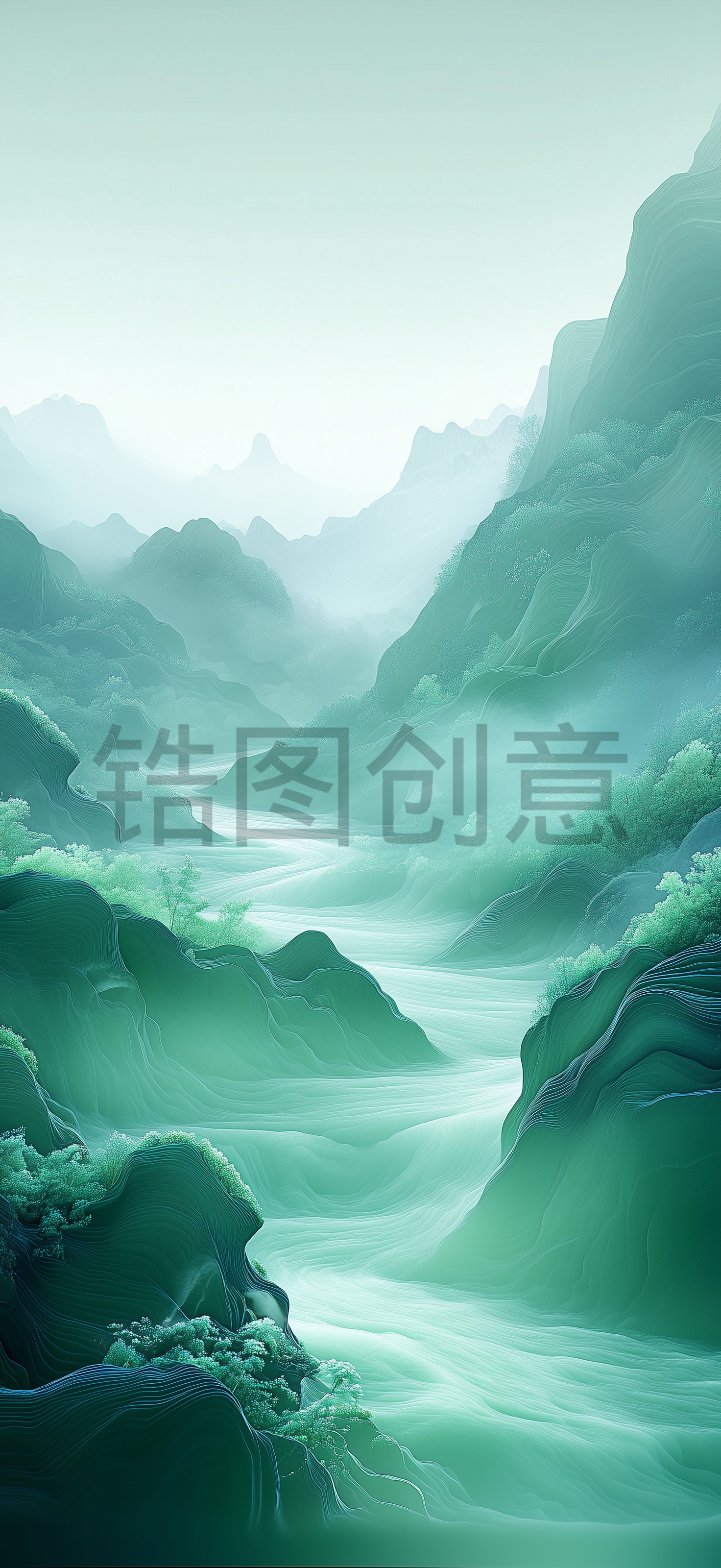 定设网-中国风绿色渐变山水画背景