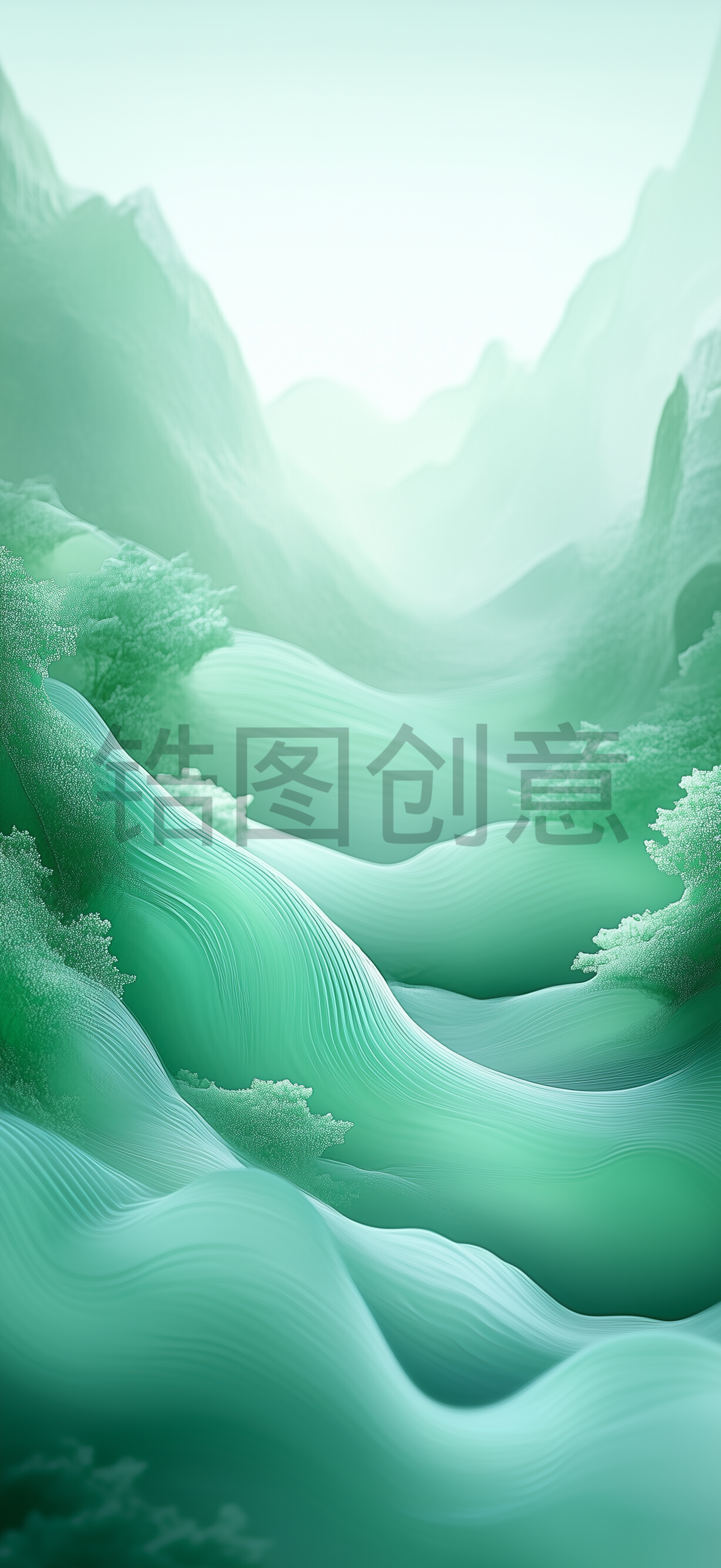 定设网-中国风绿色山水波浪状玉石材质玉雕工艺背景