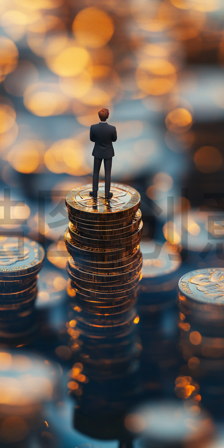 定设网-商人站在成堆的金币中金融投资概念素材背景