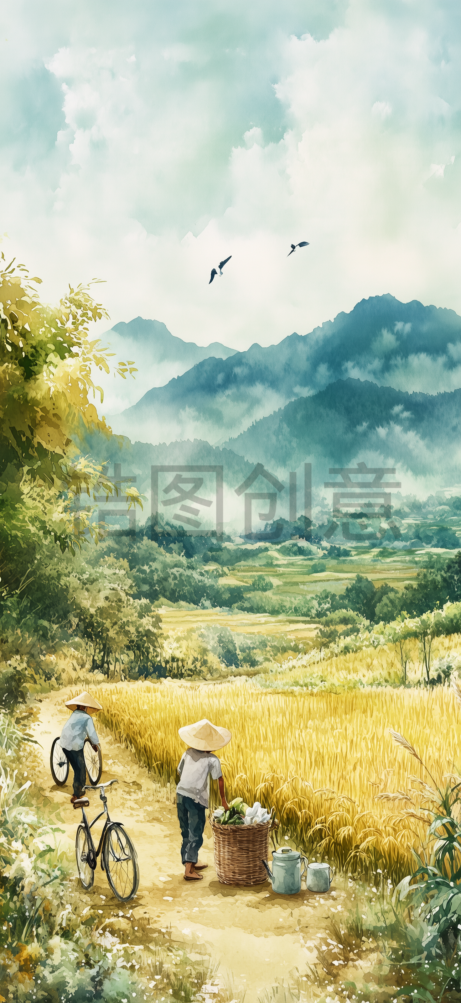 定设网-夏季乡村山野农忙干活景色景观水彩风格背景