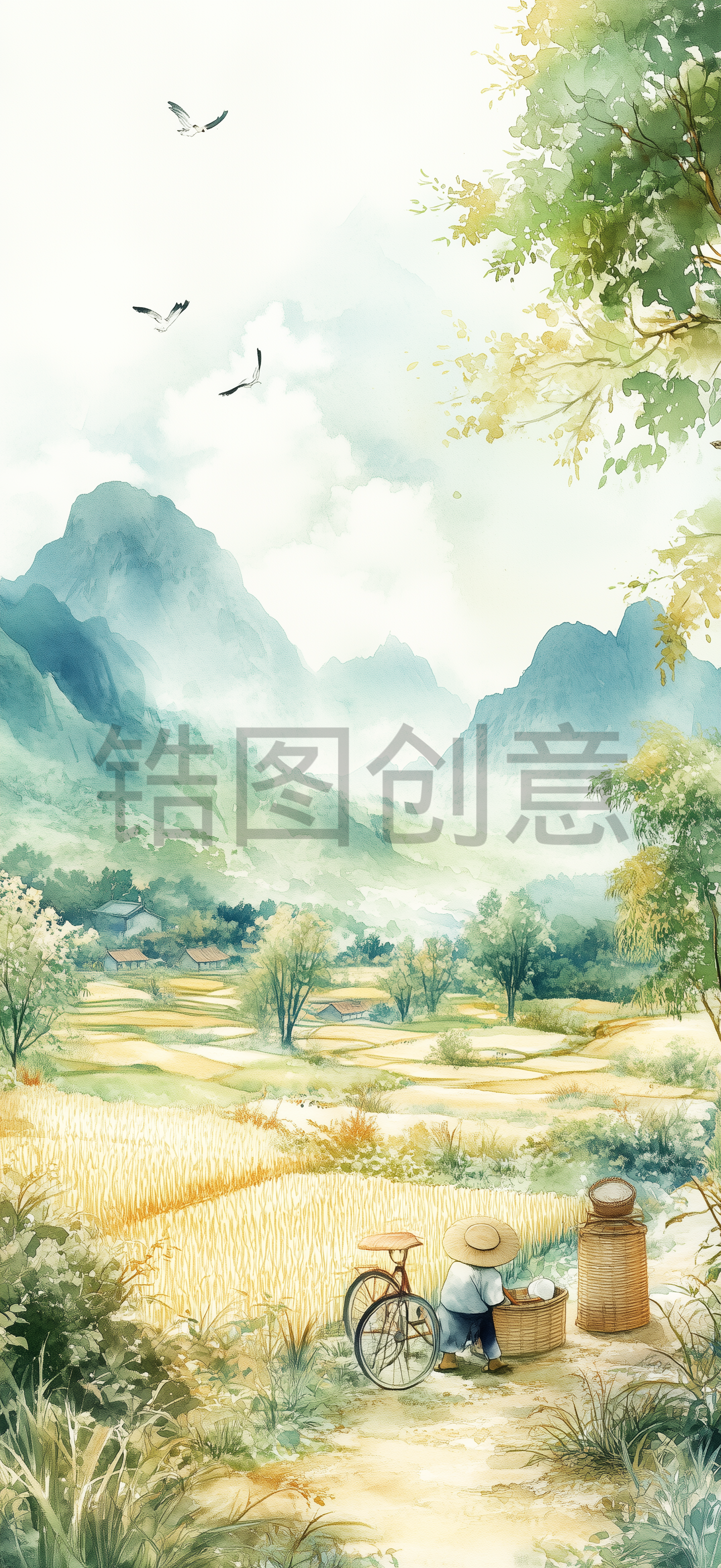 定设网-夏季乡村山野农忙干活景色景观水彩风格背景