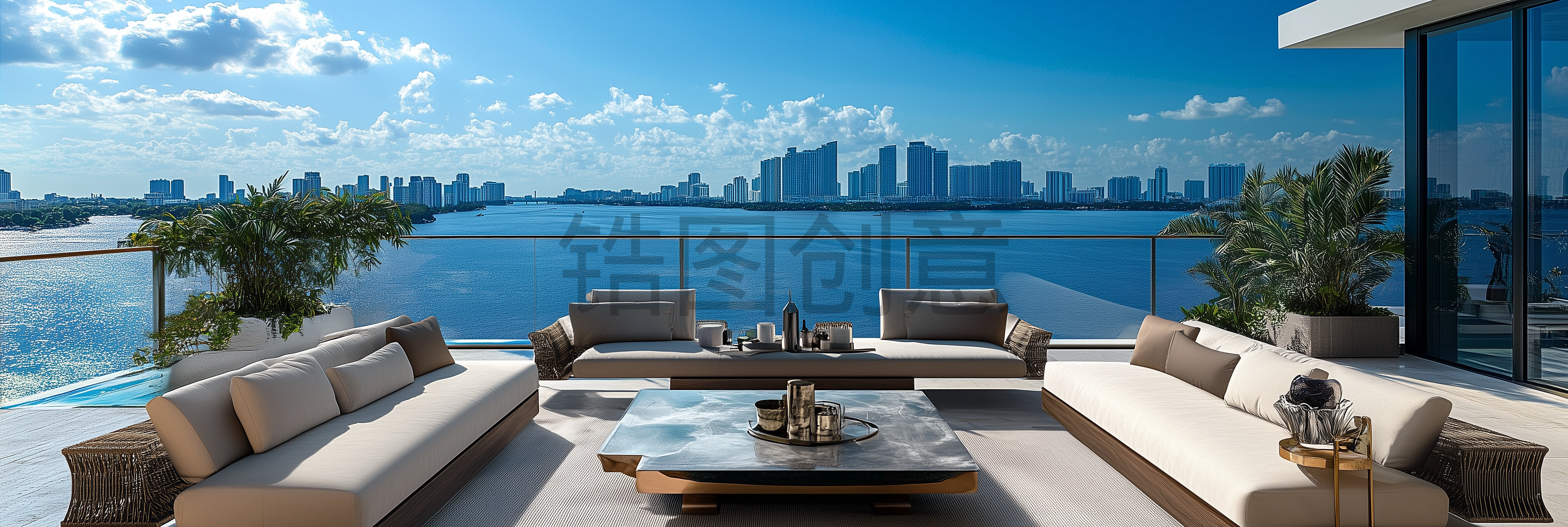 定设网-海景房现代风格豪宅露台大阳台白天写实场景