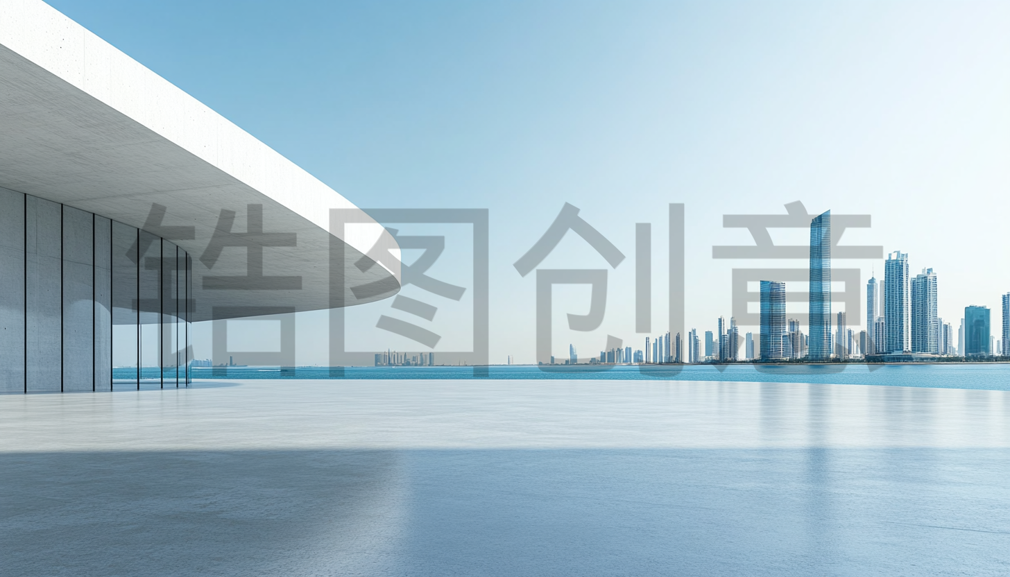 定设网-建筑系列蓝色大气海边城市建筑空间简约空间感渐变背景