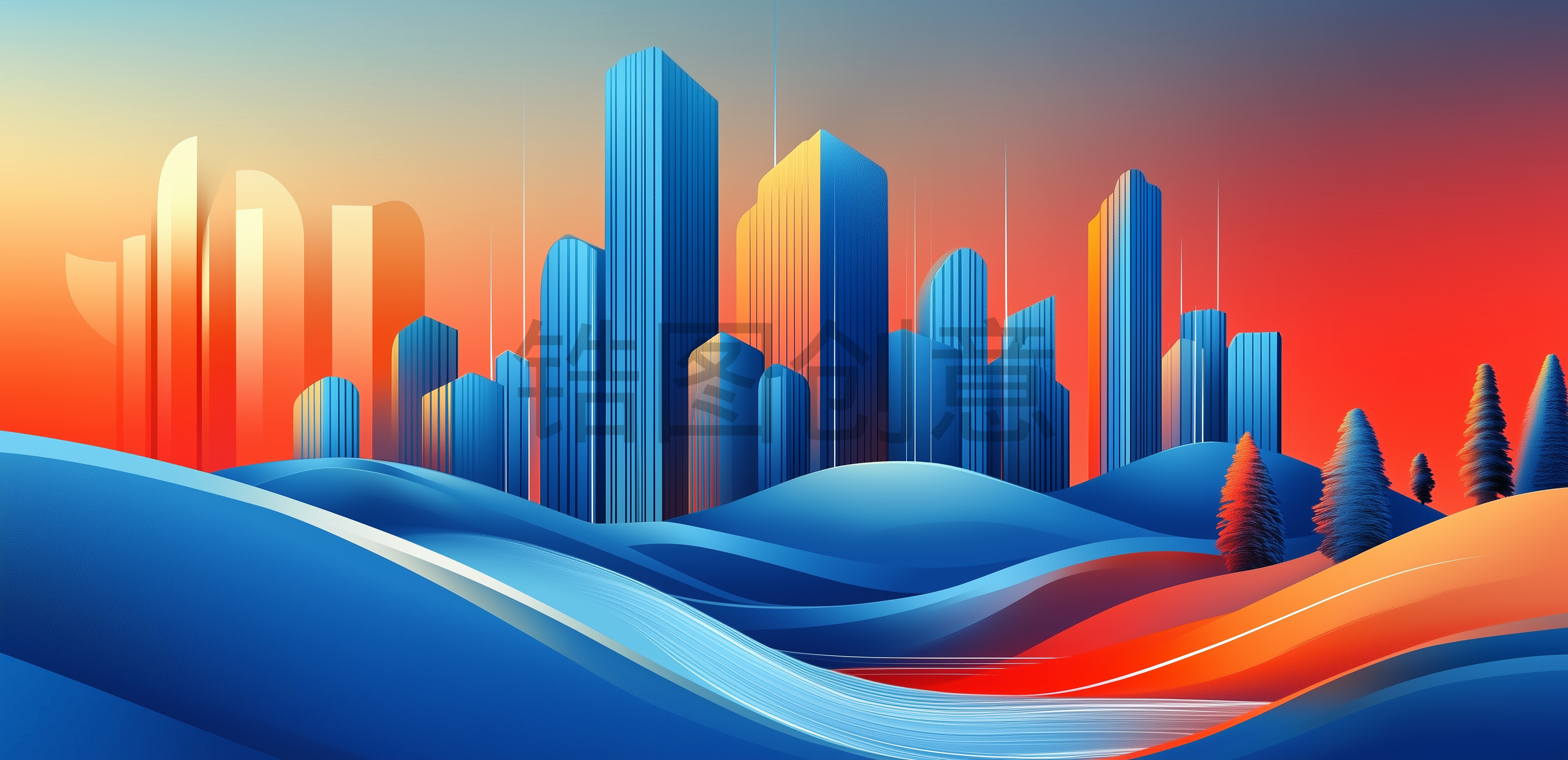 定设网-炫彩城市建筑风景插画背景