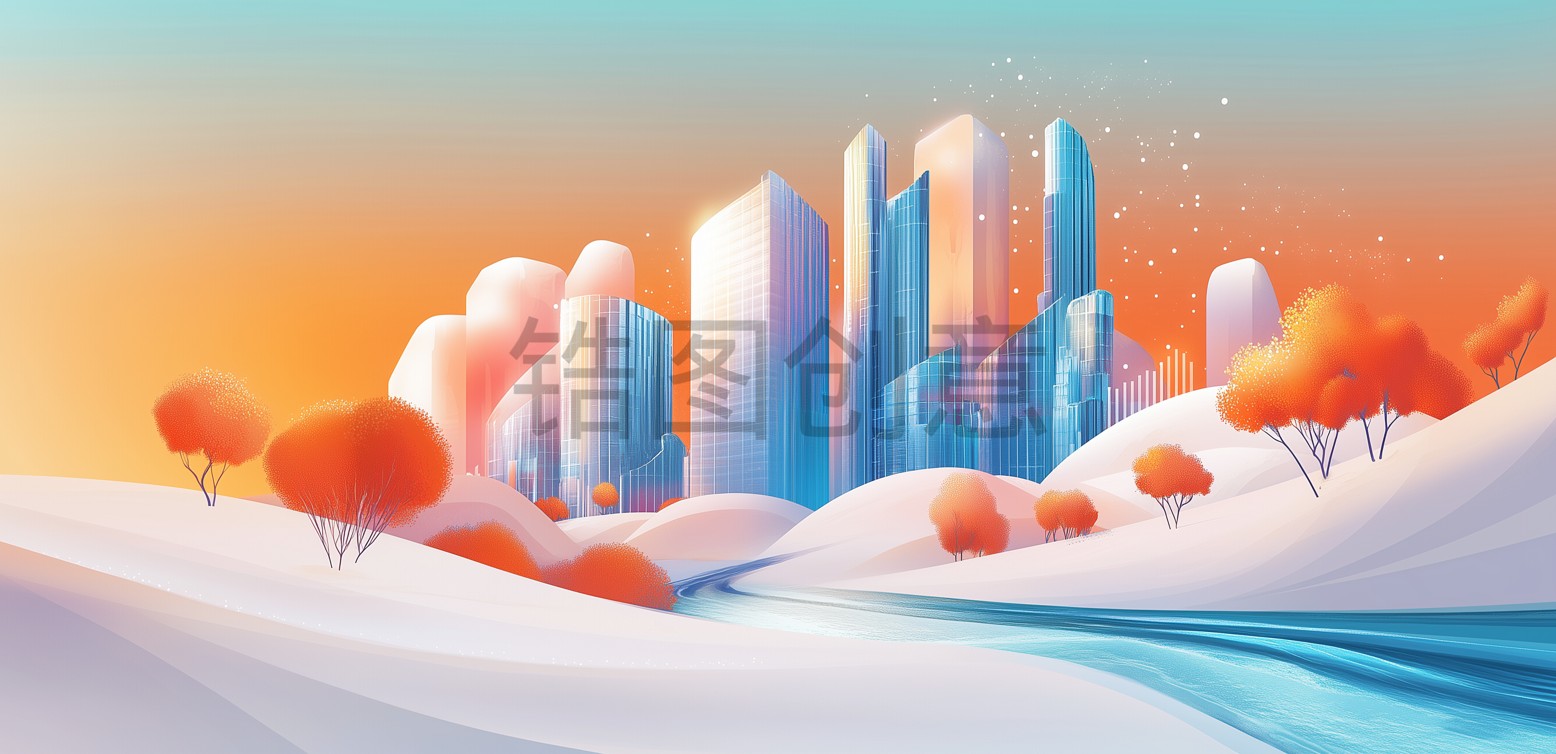 定设网-城市建筑河流风景插画背景